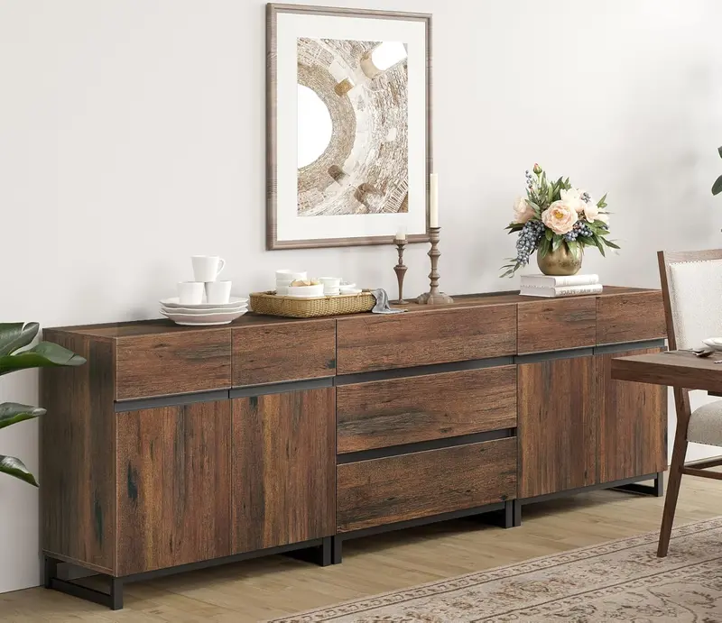 2-in-1 Brown Coffee Bar Sideboard – Modern Storage Cabinet with 3 Drawers & Adjustable Shelf for Living or Dining Areas
