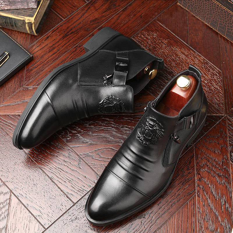 Leather Ankle Boots with Double Side Zipper and Pointed Toes for Men