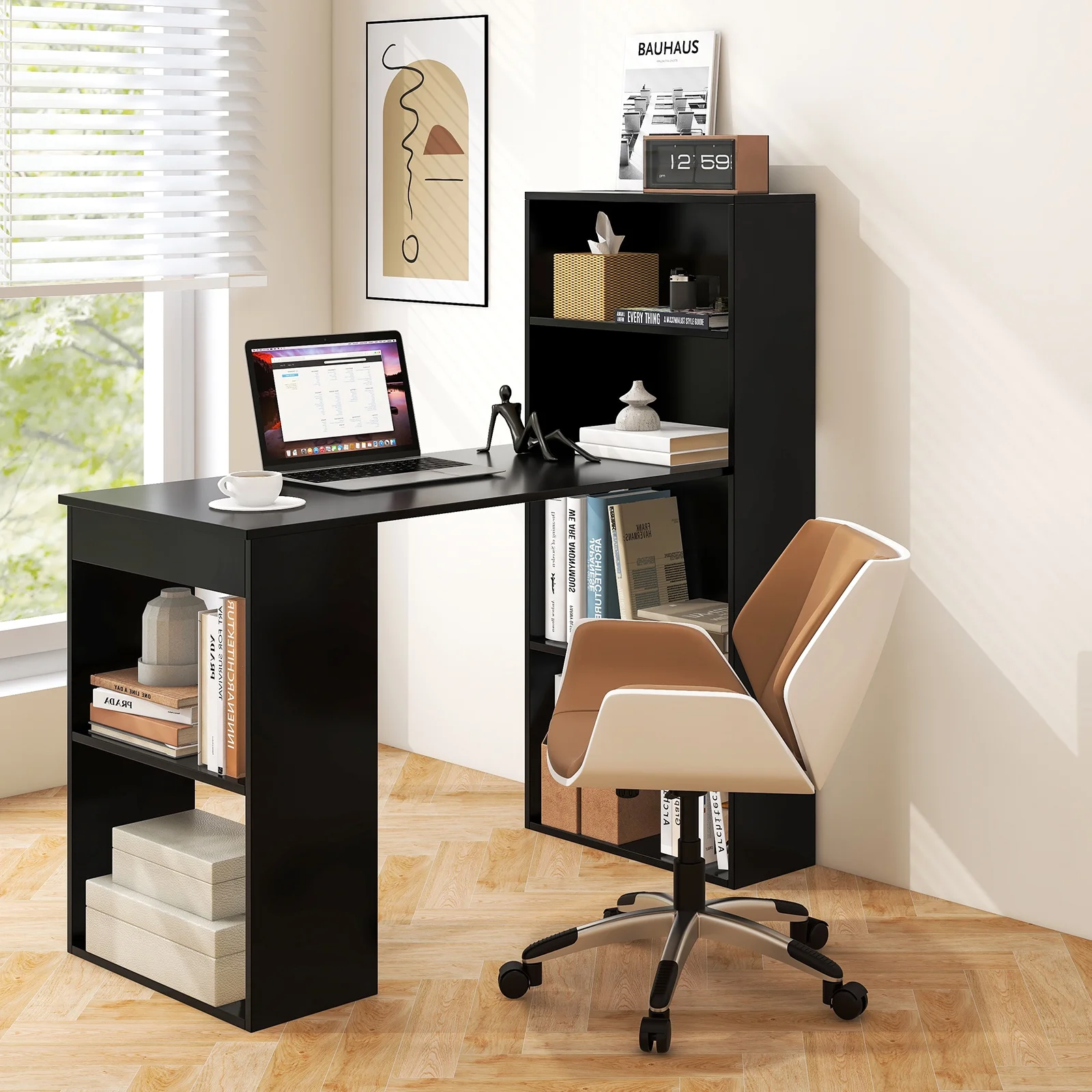 Costway Computer Desk Writing  Workstation Office 6-Tier Storage Shelves Natural