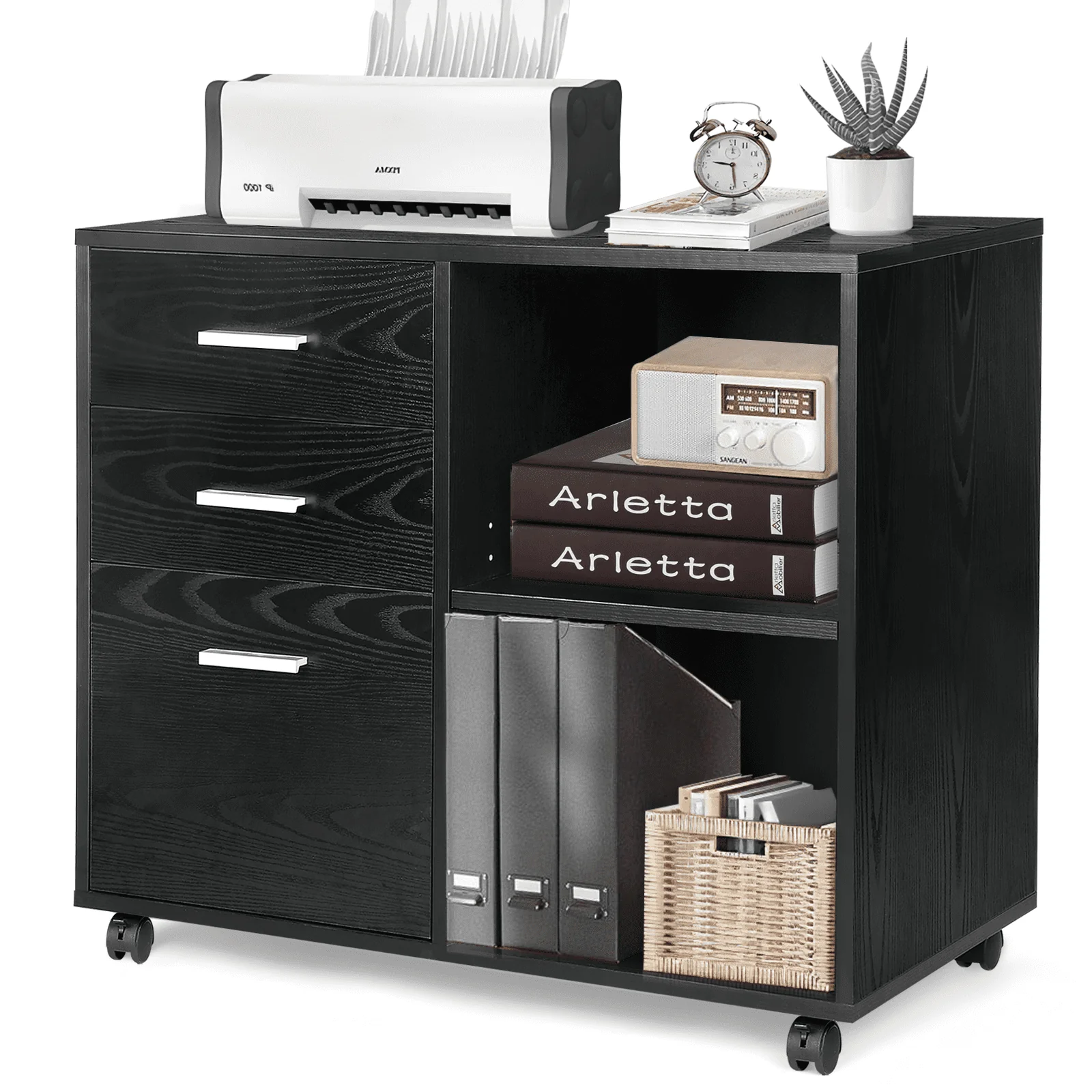 Richya Wood File Cabinet , Printer Stand with Open Storage Shelf, 3-Drawer File Cabinet, Home Office White