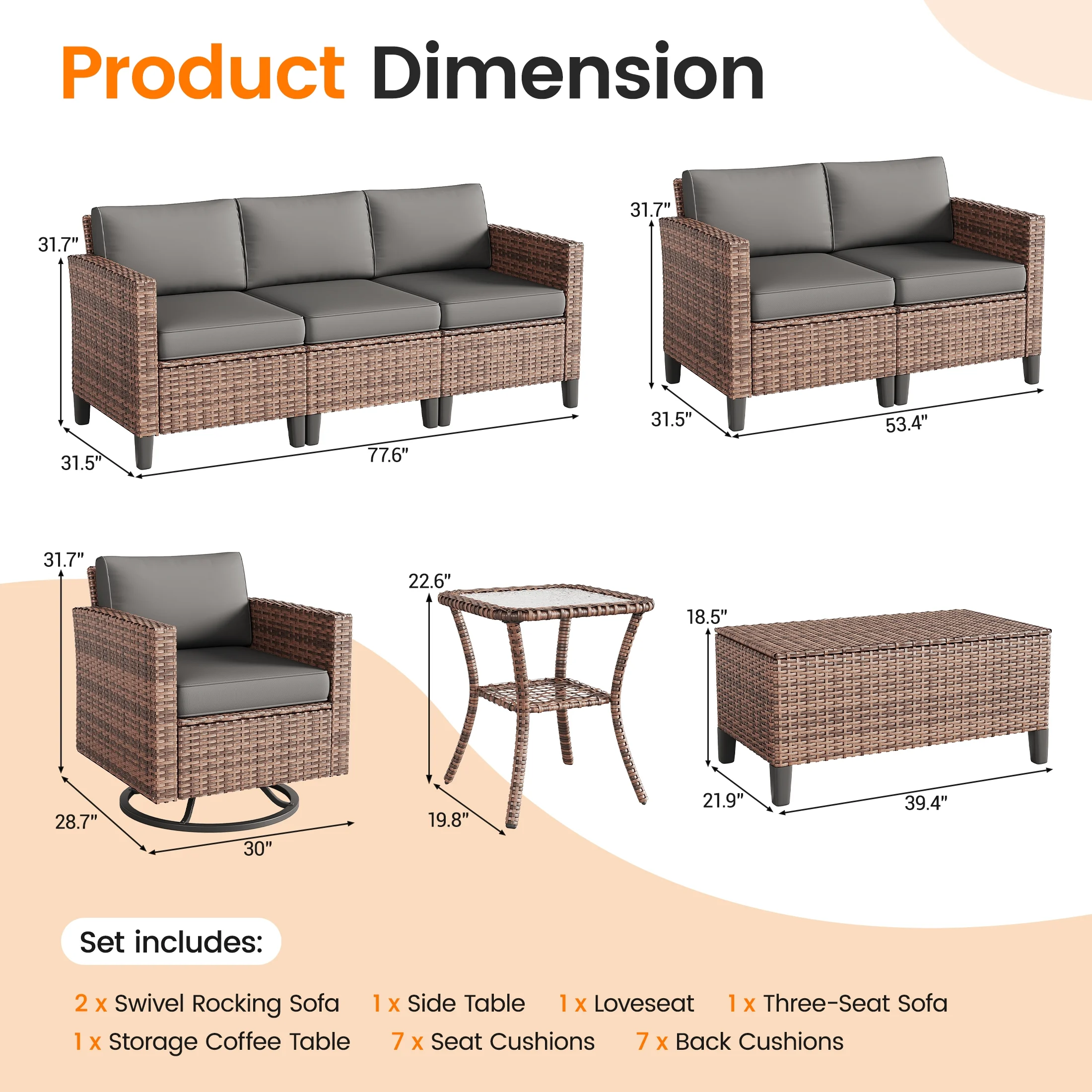 Poteban Outdoor Patio Furniture Set, Rocking Swivel Chair, 9 Pieces Wicker Rattan Sectional Furniture for Backyard (Grey)
