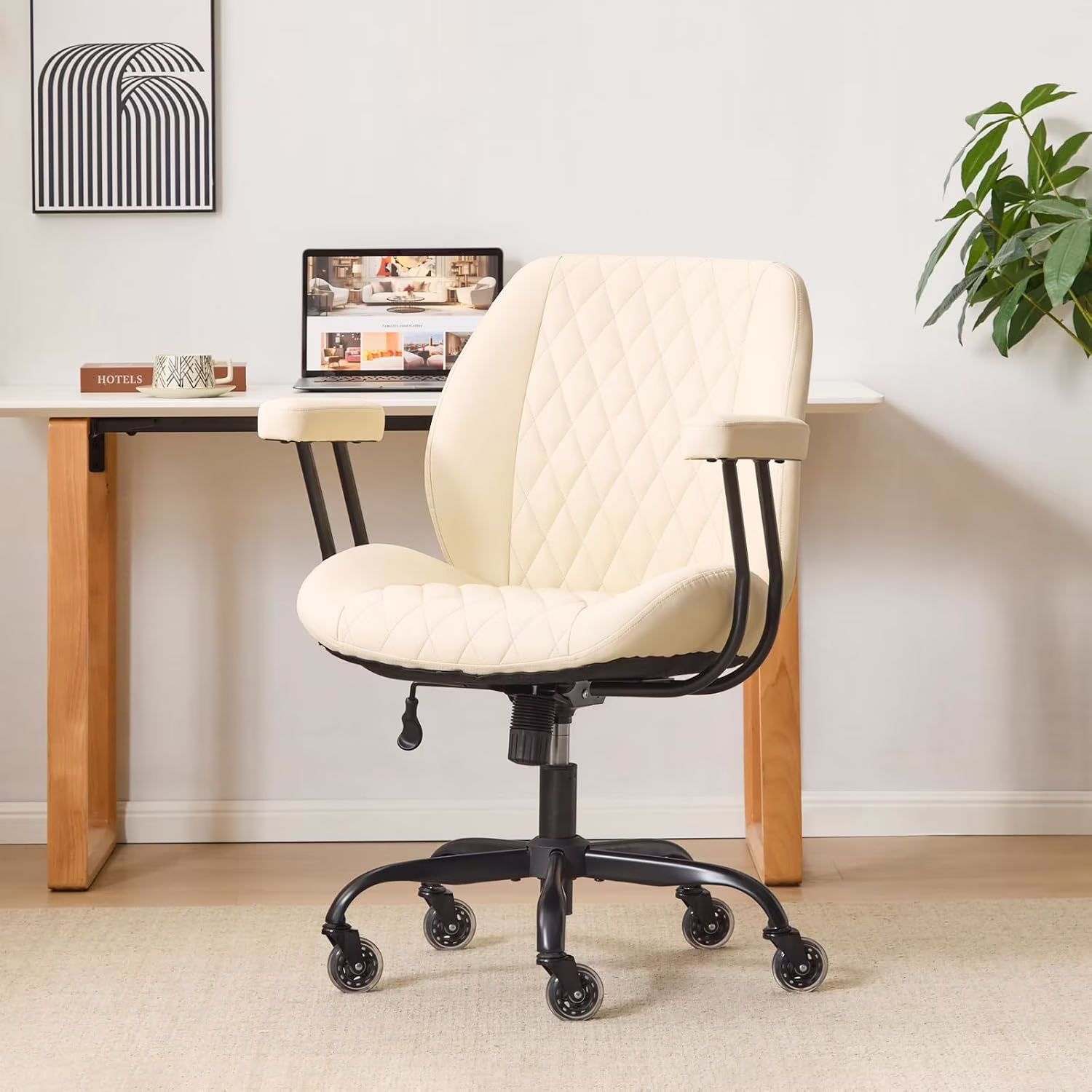 QW Home Office Desk Chair Office Rubber Casters Ergonomic Computer Chair with Lumbar Support Adjustable Height Rolling Swivel Executive Task Armrests Chair??? Brown Leather