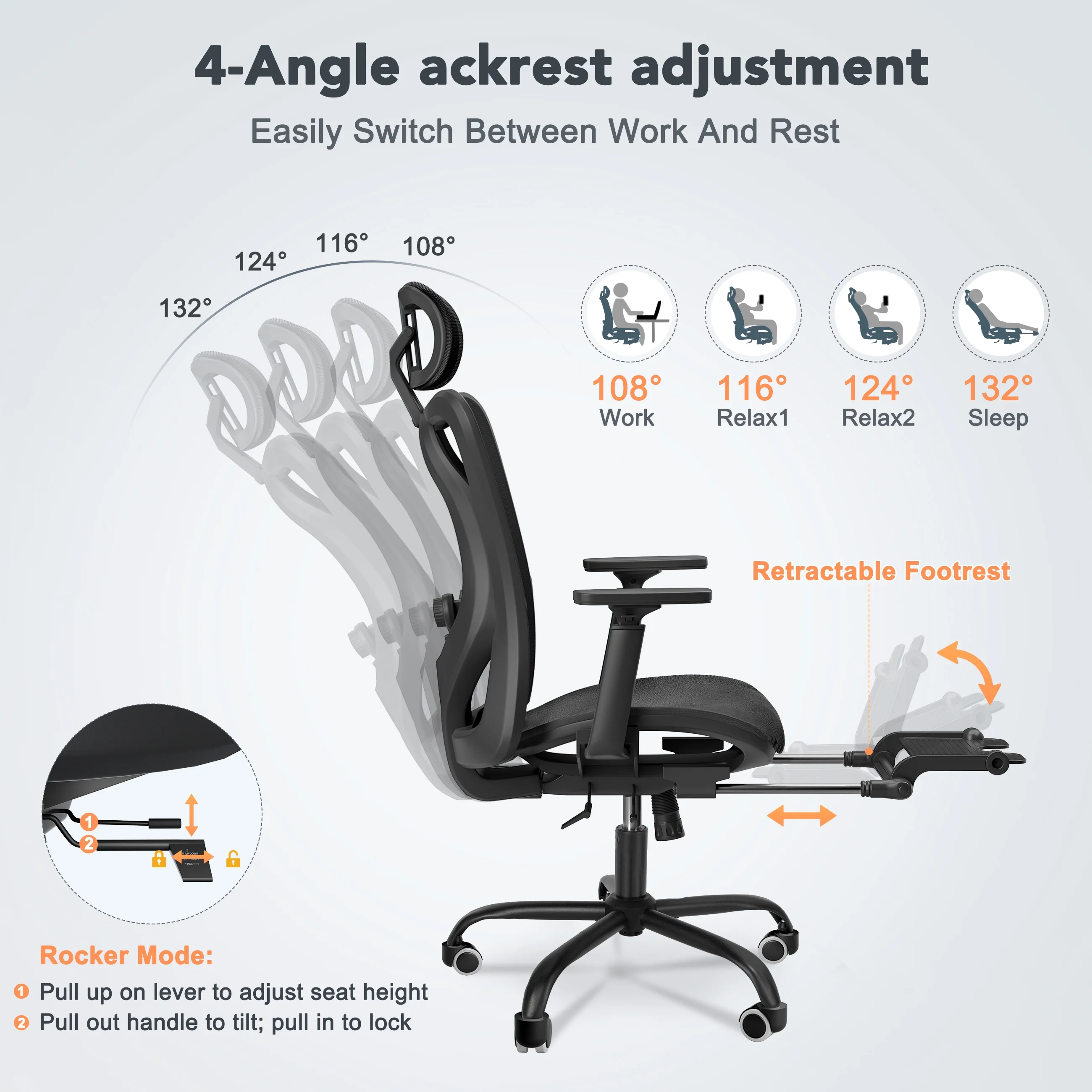 EVMORE Ergonomic Office Chair, Computer Desk Chair with Lumbar Support, Adjustable Headrest, and Breathable Mesh Back - 400 lbs Capacity, Black(with Footrest/3D Armrest)