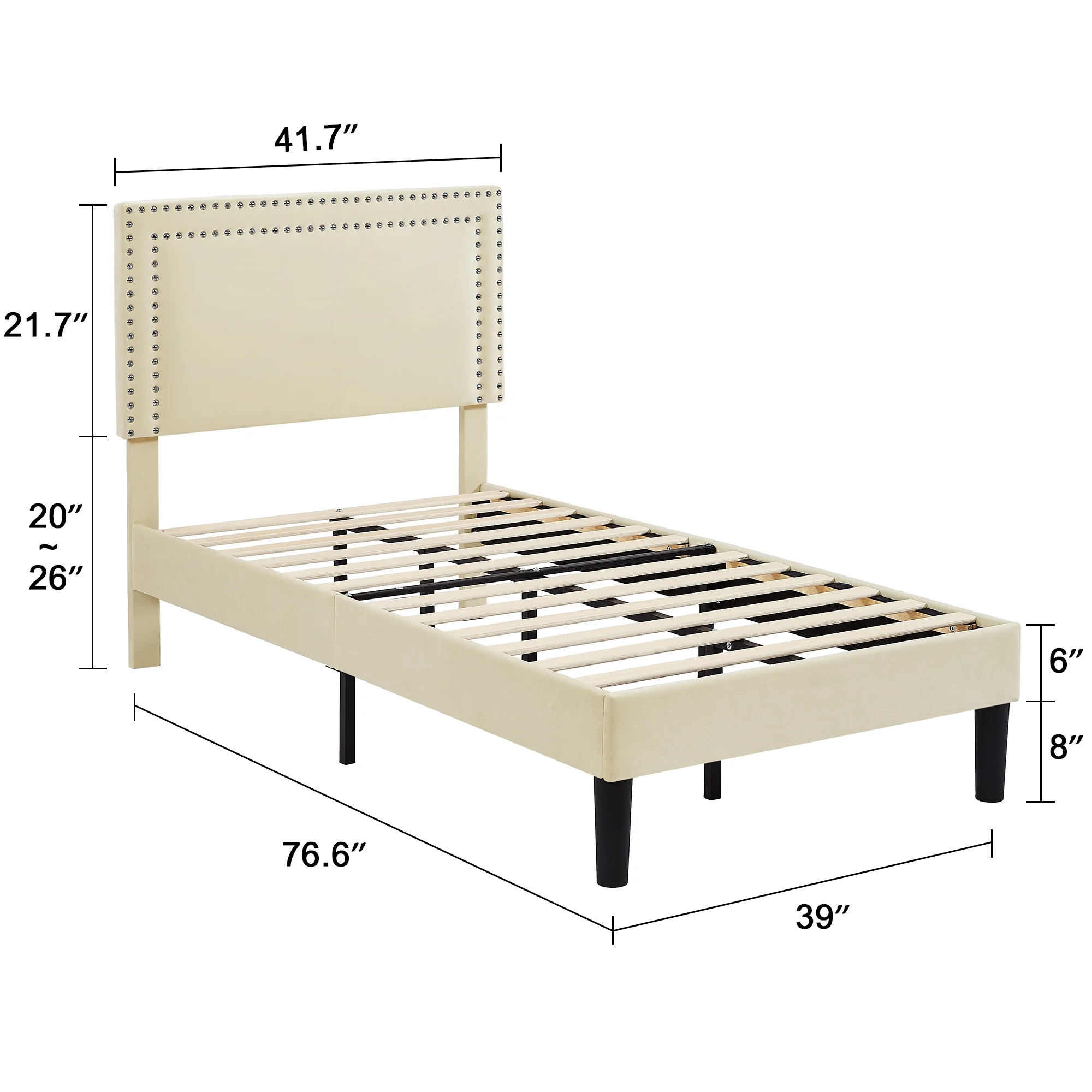 VECELO Twin Size Platform Bed Frame with Height Adjustable Upholstered Headboard, Strong Wood Slat Support, No Box Spring Needed, Easy To Assemble, Beige
