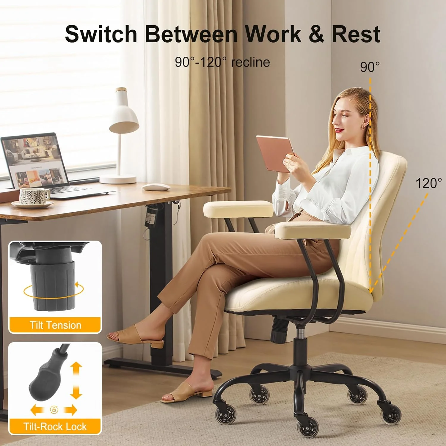 QW Home Office Desk Chair Office Rubber Casters Ergonomic Computer Chair with Lumbar Support Adjustable Height Rolling Swivel Executive Task Armrests Chair??? Brown Leather