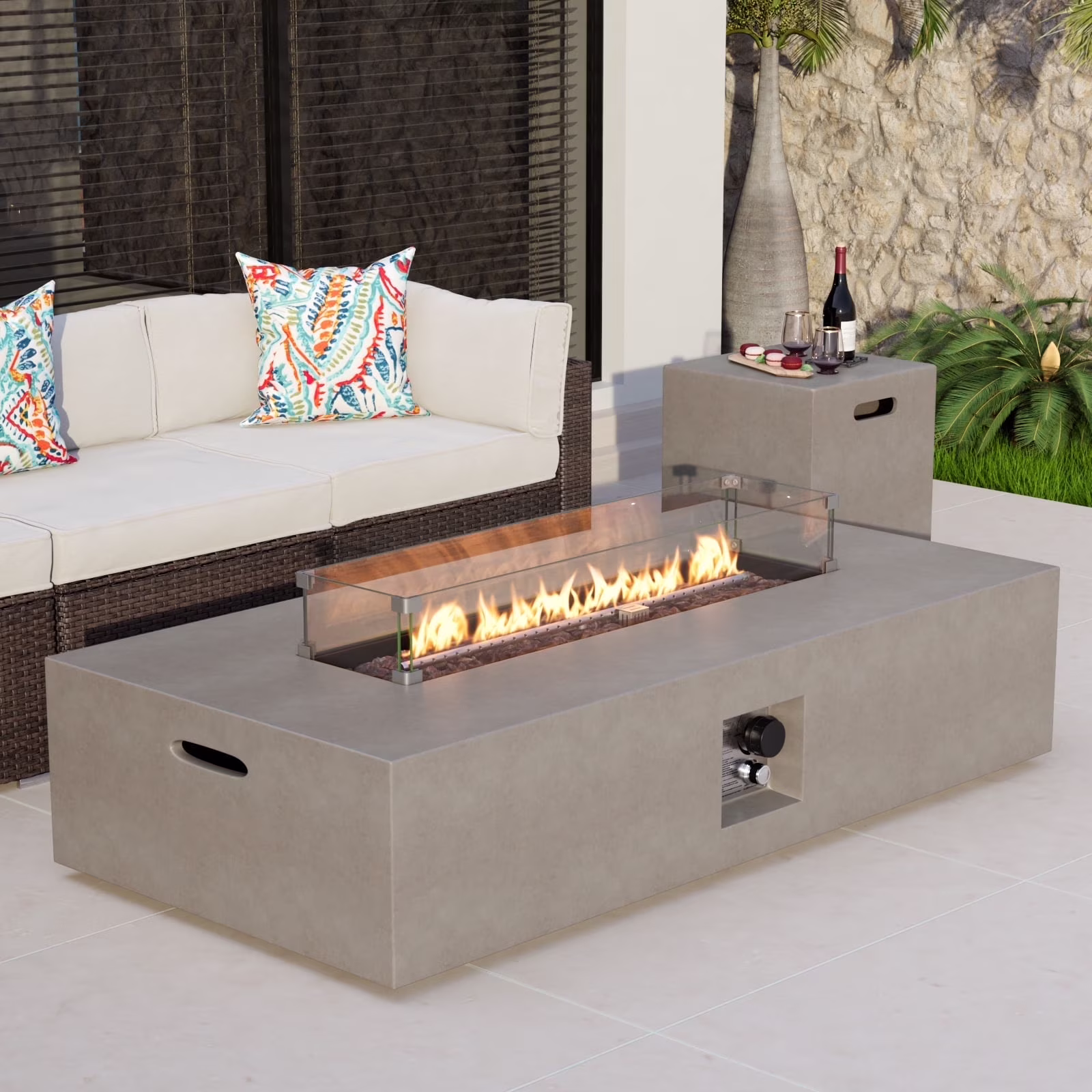 COSIEST 2-Piece Outdoor Rectangle Terrazzo White Propane Fire Table Set with Tank Cover Table