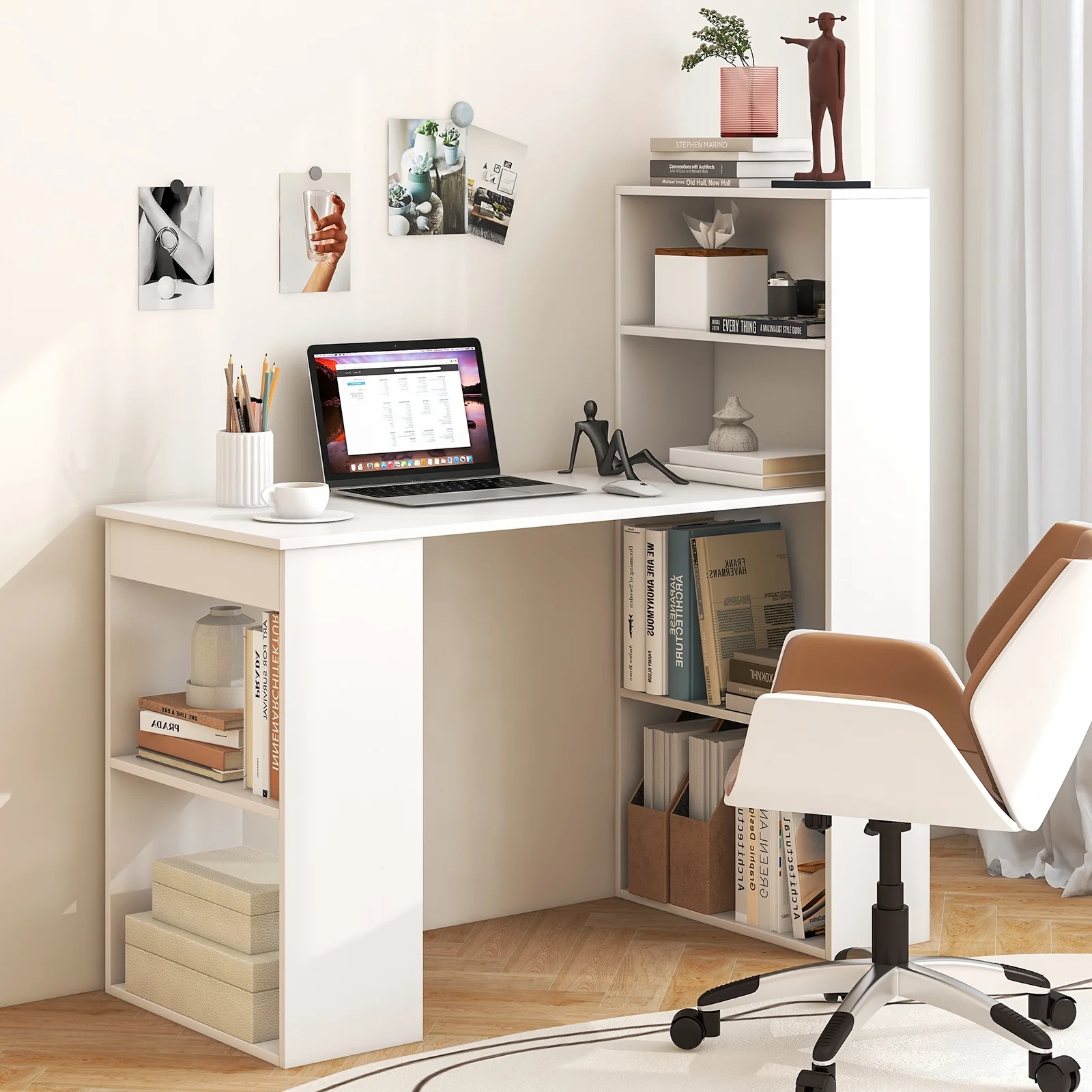 Costway Computer Desk Writing  Workstation Office 6-Tier Storage Shelves Natural