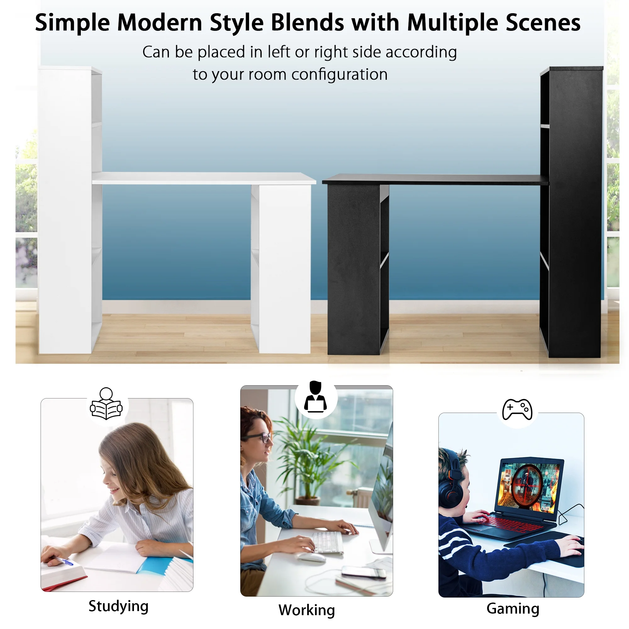 Costway Computer Desk Writing  Workstation Office 6-Tier Storage Shelves Natural