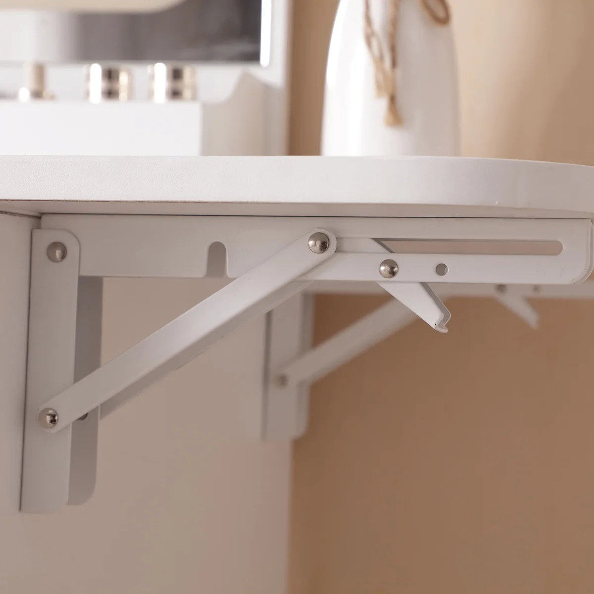 PORKISS Makeup Vanity Desk with Mirror & Lights, Vanity Table Set with Power Outlet & Hair Dryer Rack, Modern Dressing Table for Bedroom with 2 Drawers, Storage Cabinet and Storage Stool, White