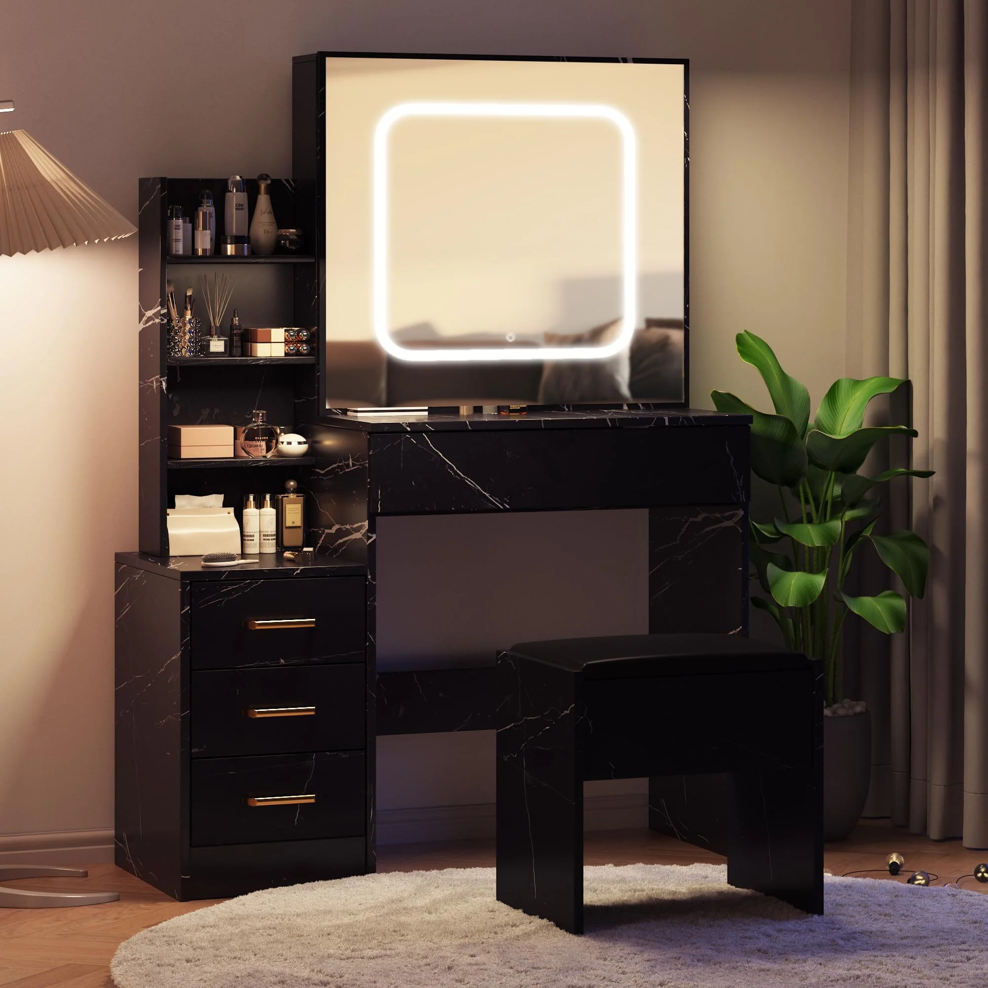Vanity Desk with Sliding Mirror & Lights, Makeup Vanity Set with Charging Station 4 Drawers 7 Shelves, Large Vanity Set with Cushioned Stool for Bedroom, White