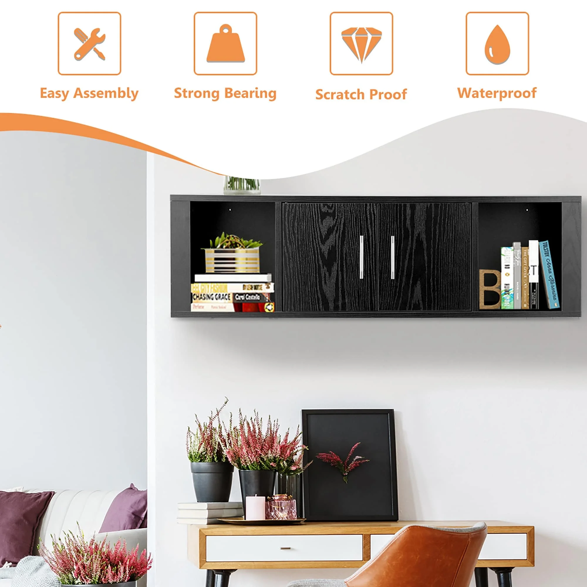 2 Cube Wall Mounted Storage Cabinet Floating Media Hanging Desk Black