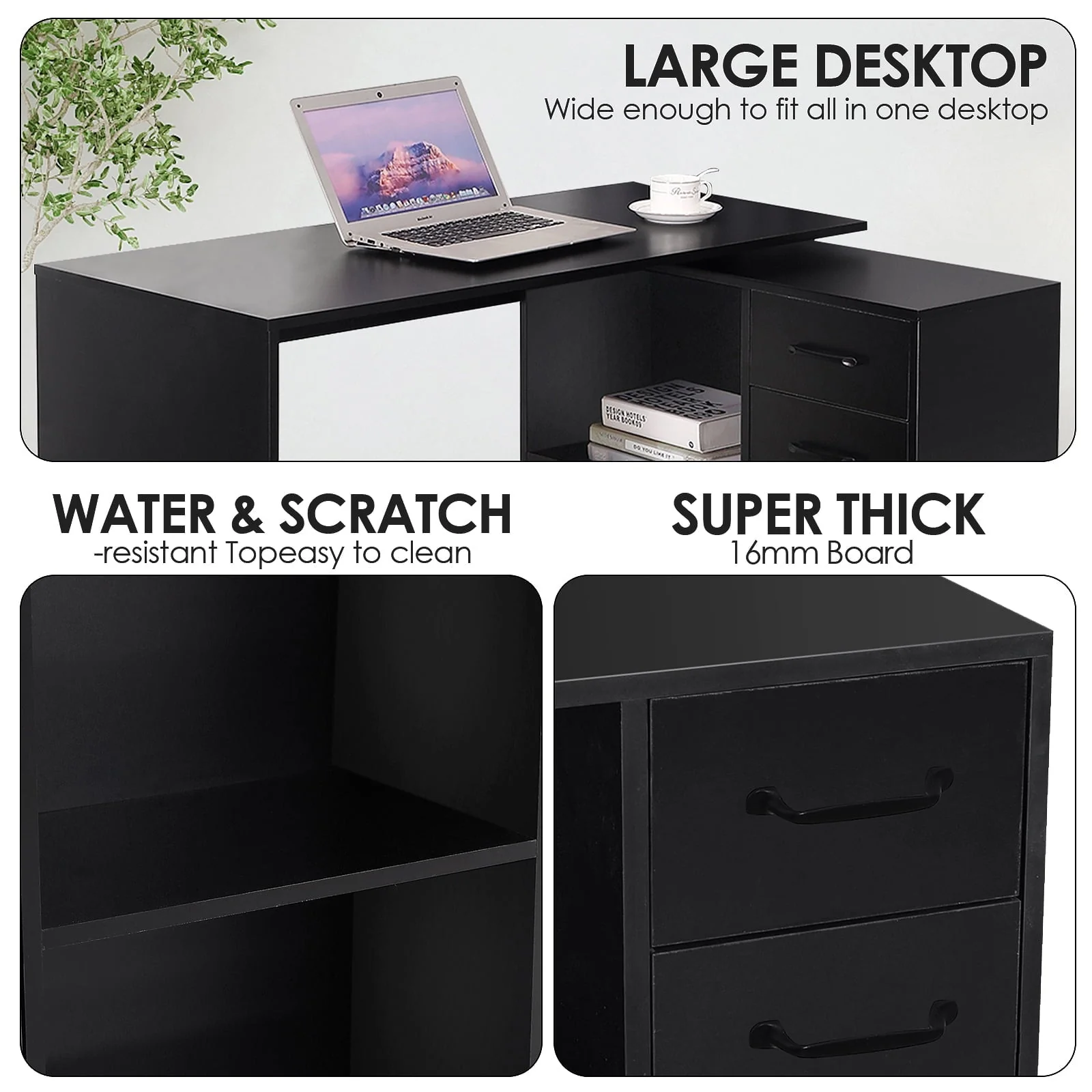 Hoffree 180 Degree Rotating Computer Desk with 2 Open Shelves  68 inch L-Shaped Desk with Drawers & File Cabinet Study Workstation for Home Office & Bedroom, Black/White
