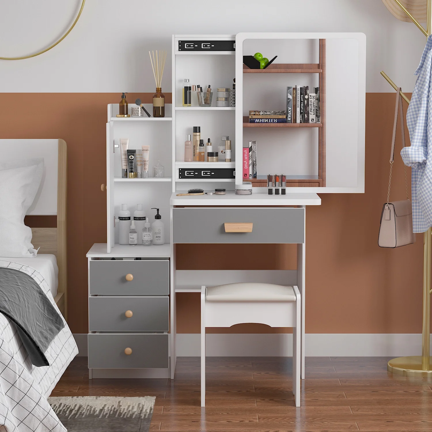 OXYLIFE Makeup Vanity Desk Table with Sliding LED Lighted Mirror, Cushion Stool, 4 Drawers and Shelves, White+Gray