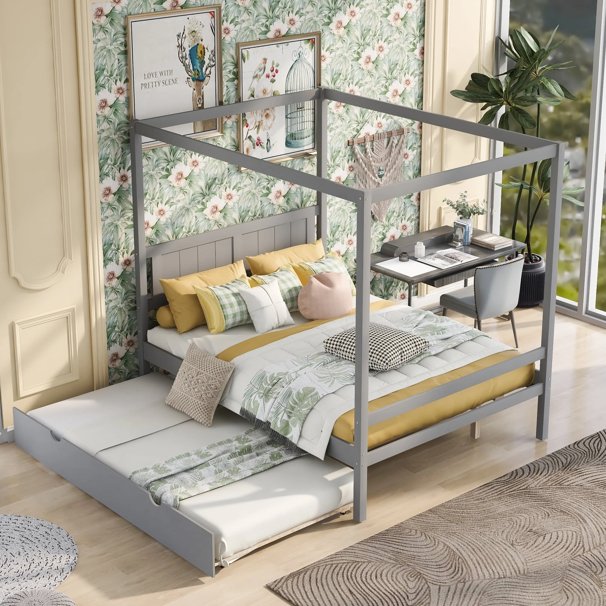 Full Size Canopy Platform Bed with Trundle, New Upgraded Wood Canopy Bed Frame with Headboard and Footboard, Wooden Slat Support, Full Platform Bed for Kids Teens Adults, No Box Spring Needed, Gray