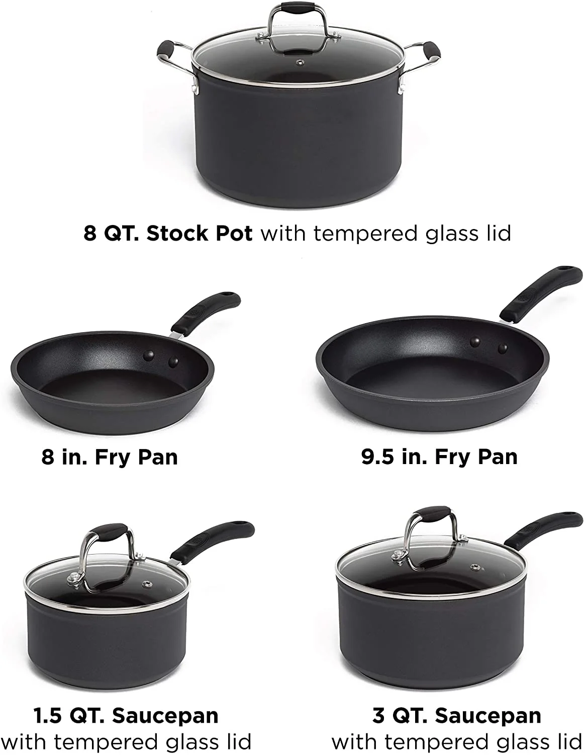 Ecolution Symphony 8 Piece Non-Stick Aluminum Cookware Set, Dishwasher Safe, Slate