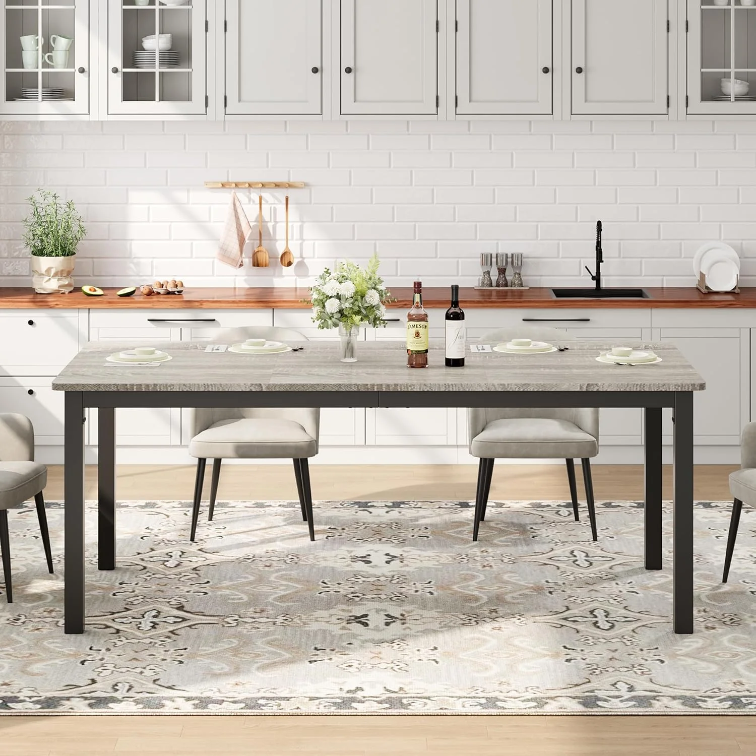 71 Inch Industrial Dining Table, Large Rectangle Kitchen Table with Metal Legs, Round Corners, Wooden Conference Tables Writing Desk for Dining Room, Living Room