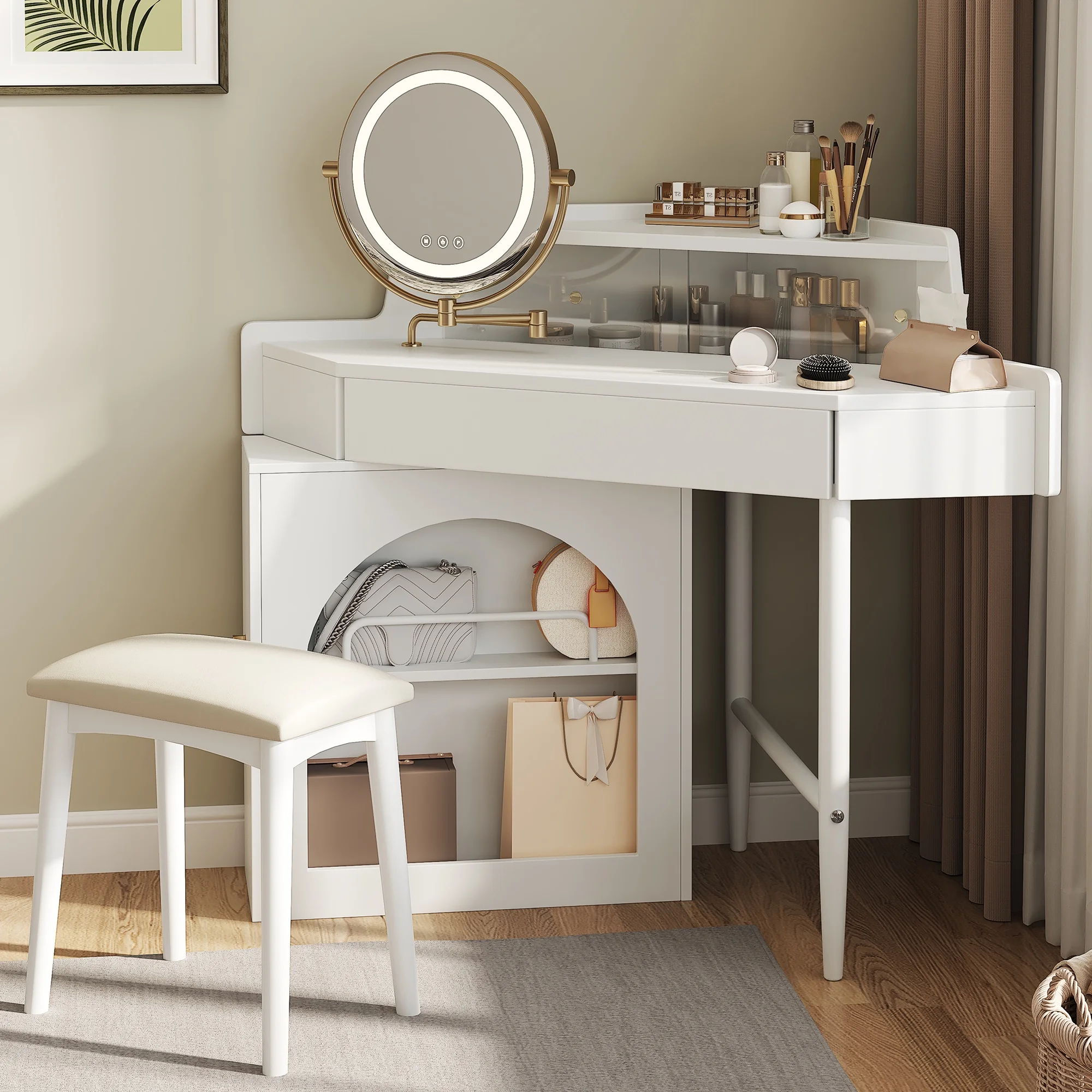 MODERNLUXE Corner Makeup Vanity Desk with Folding Mirror and Lights,Modern Vanity Set with 1 Stool,2 Drawers and 3 Shelves for Bedroom,Women, and Girls,Walnut