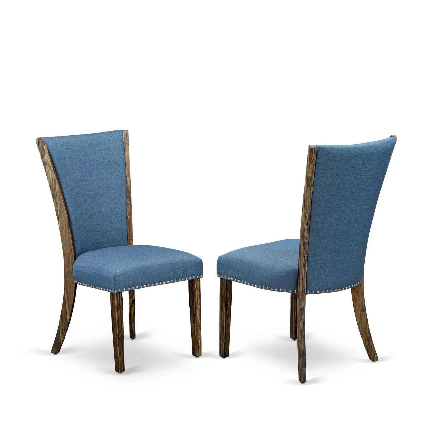 East West Furniture 7-Pc Dining Room Table Set - Dinner Table and 6 Blue Color Parson Dining Chairs with High Back - Distressed Jacobean Finish