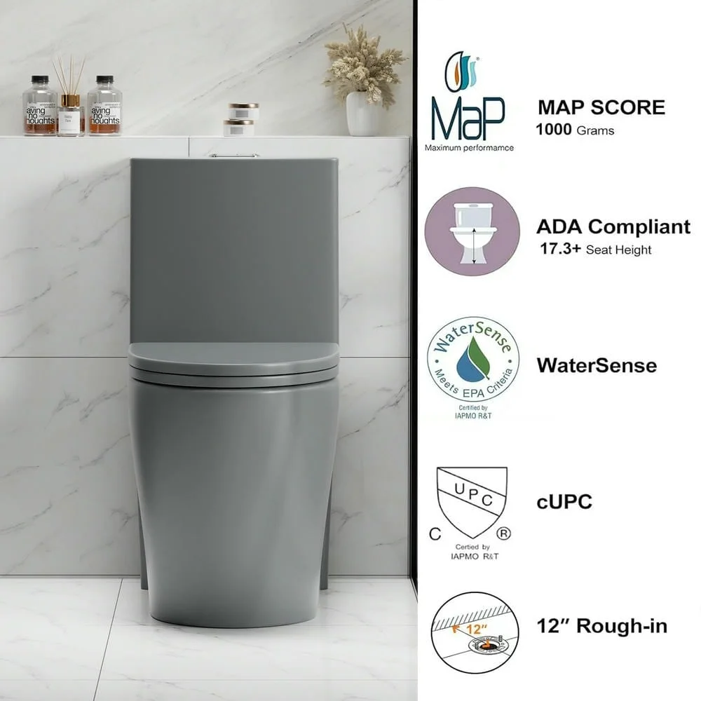 Spaco 1.1/1.6 GPF Dual Flush One-Piece Toilet, Button on Tank top S-trap 12 inches, Elongated Bowl with Soft Close Seat, Water-Saving MAP 1000g, Comfort Chair Seat ADA Height, Light Gray