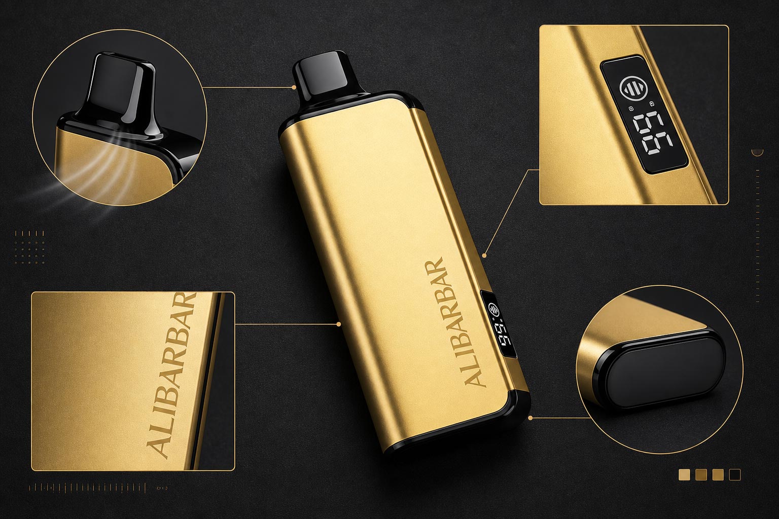 ALIBARBAR Ingot 9000 gold body black mouthpiece and e-liquid display detail