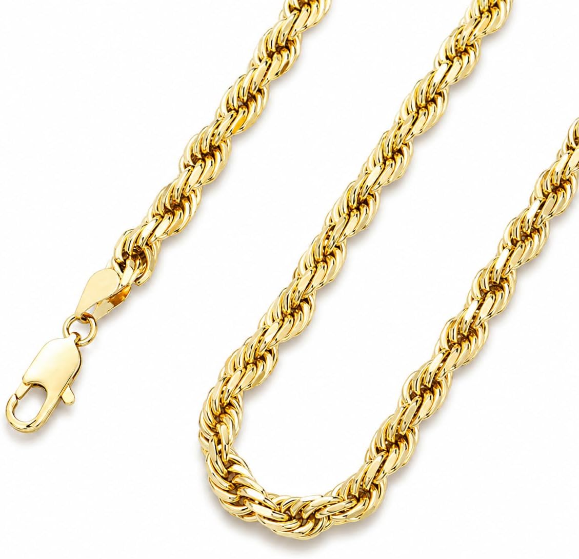 14K Gold-Plated Rope Chain Necklace for Men, Hand-Polished 4/6/8/10mm Thick Rope Chain, Hip Hop & Layered Style Jewelry, Gift Box Included