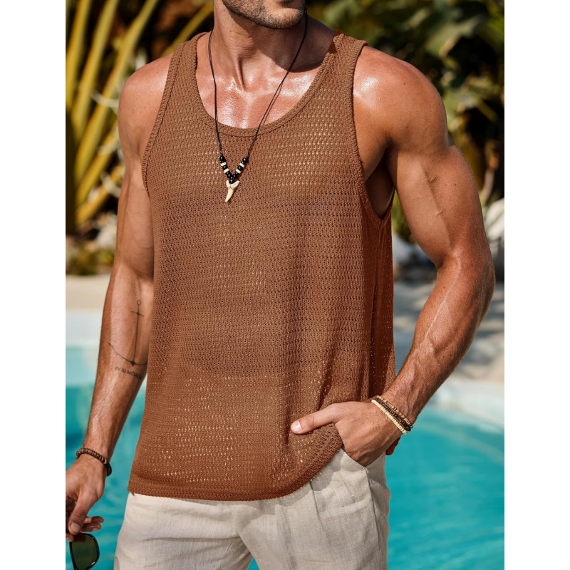 Men Mesh Hollow Out Tank Top Breathable See Through Beach Vest(S-XXL)