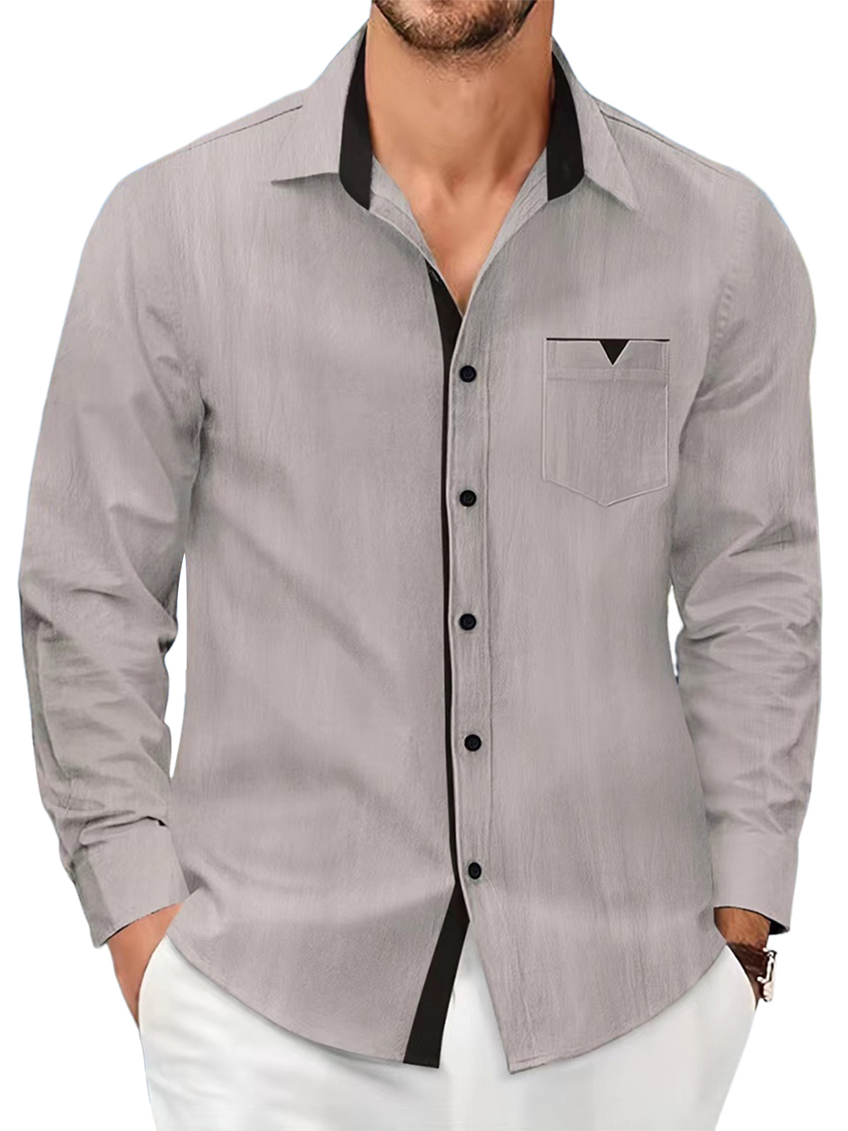 Men's cotton and linen solid color casual pocket contrast lapel long-sleeved shirt