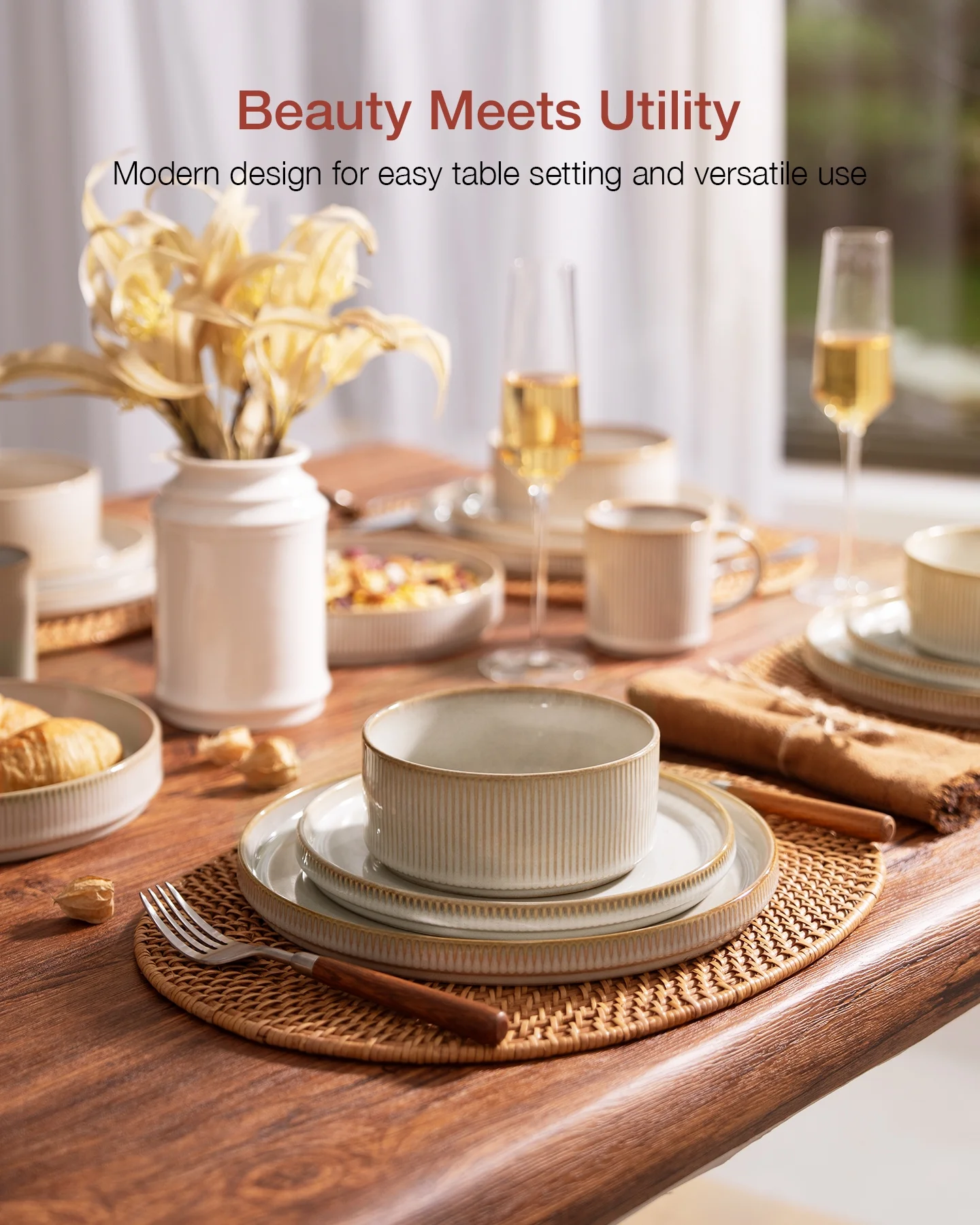 Famiware Star Stoneware Dinnerware Sets, Plates and Bowls Set for 4, 12 Piece Dish Set, Cappuccino White