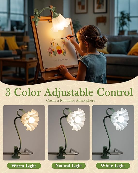 Flower Lamp Clip on Light, 3 Color Modes Eye-Caring Desk Lamp with Clamp