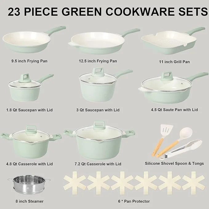 Romswi Nonstick Pots and Pans Set, 23 Piece Induction Cookware Sets Non-stick Ceramic Kitchen Sets with Utensil, Green