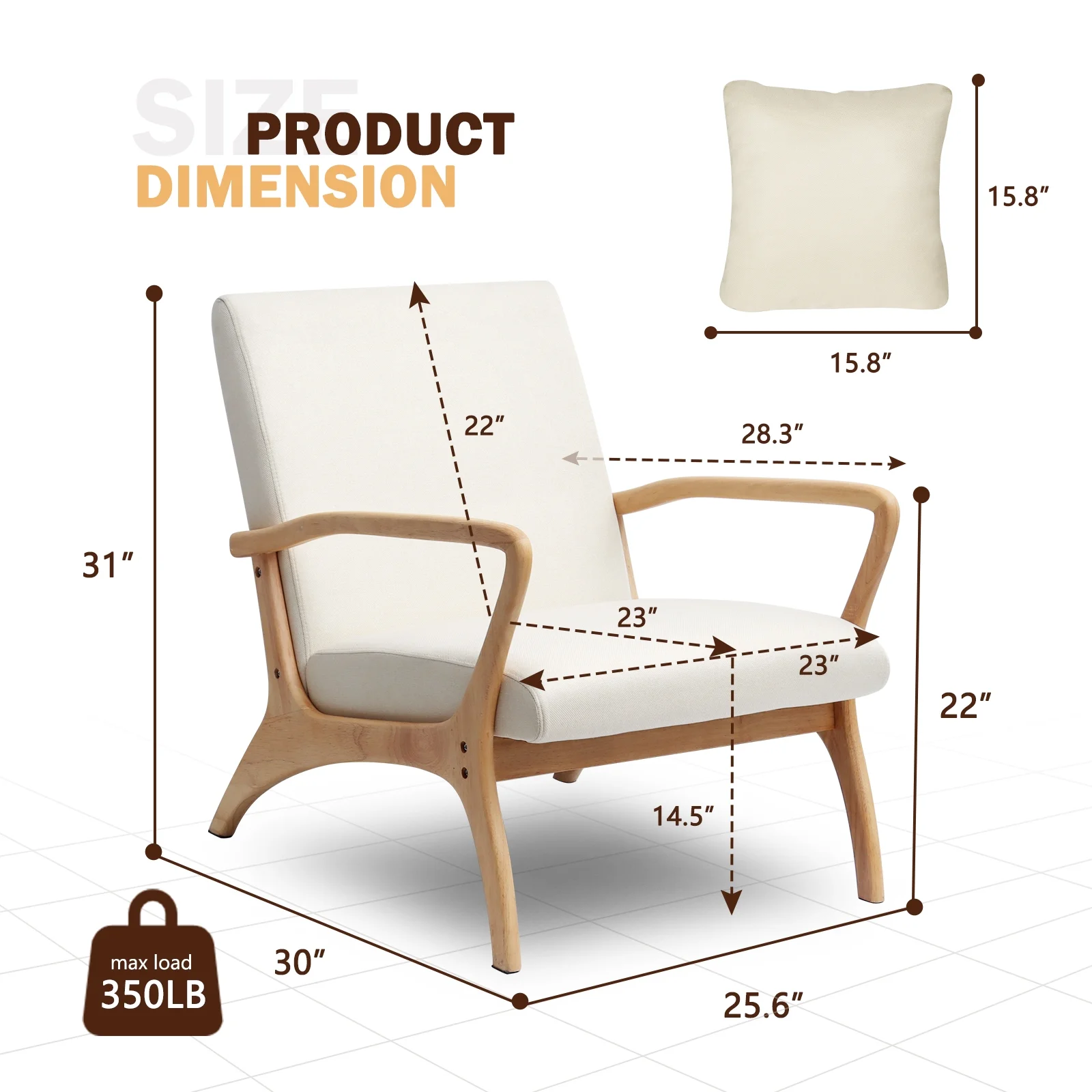 JULY'S SONG Mid-Century Modern Accent Chair,Living Room Linen Read Arm Chairs with Cushion,Wood Frame Armchair for Bedroom,Beige