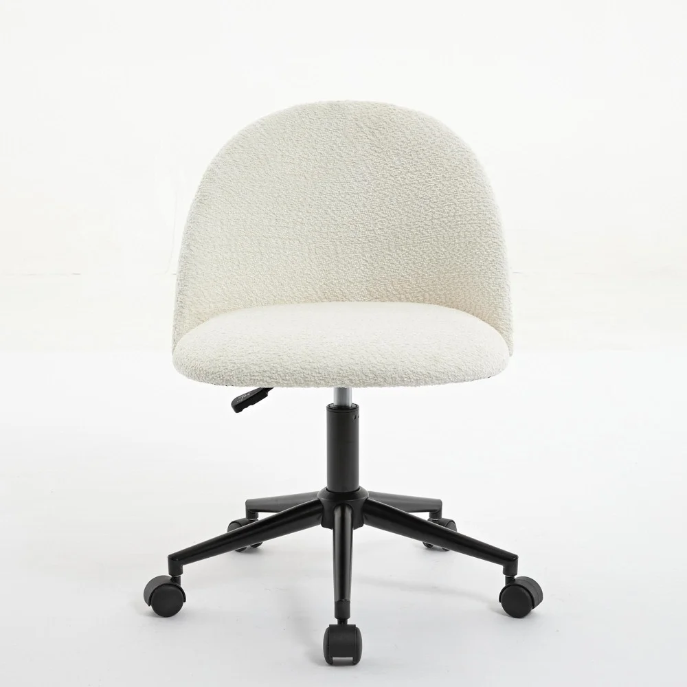Modern Upholstered Desk Chair with Wheels, Mid-Back Adjustable Swivel Computer Chair with Black Legs, White