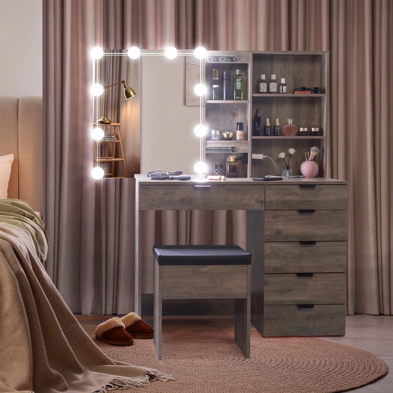 Ktaxon Vanity Set with 3 Color Lighted Mirror & Charging Station, Makeup Table with 3 Storage Shelves & Drawers, Dressing Table Makeup Desk with Stool,Retro Gray