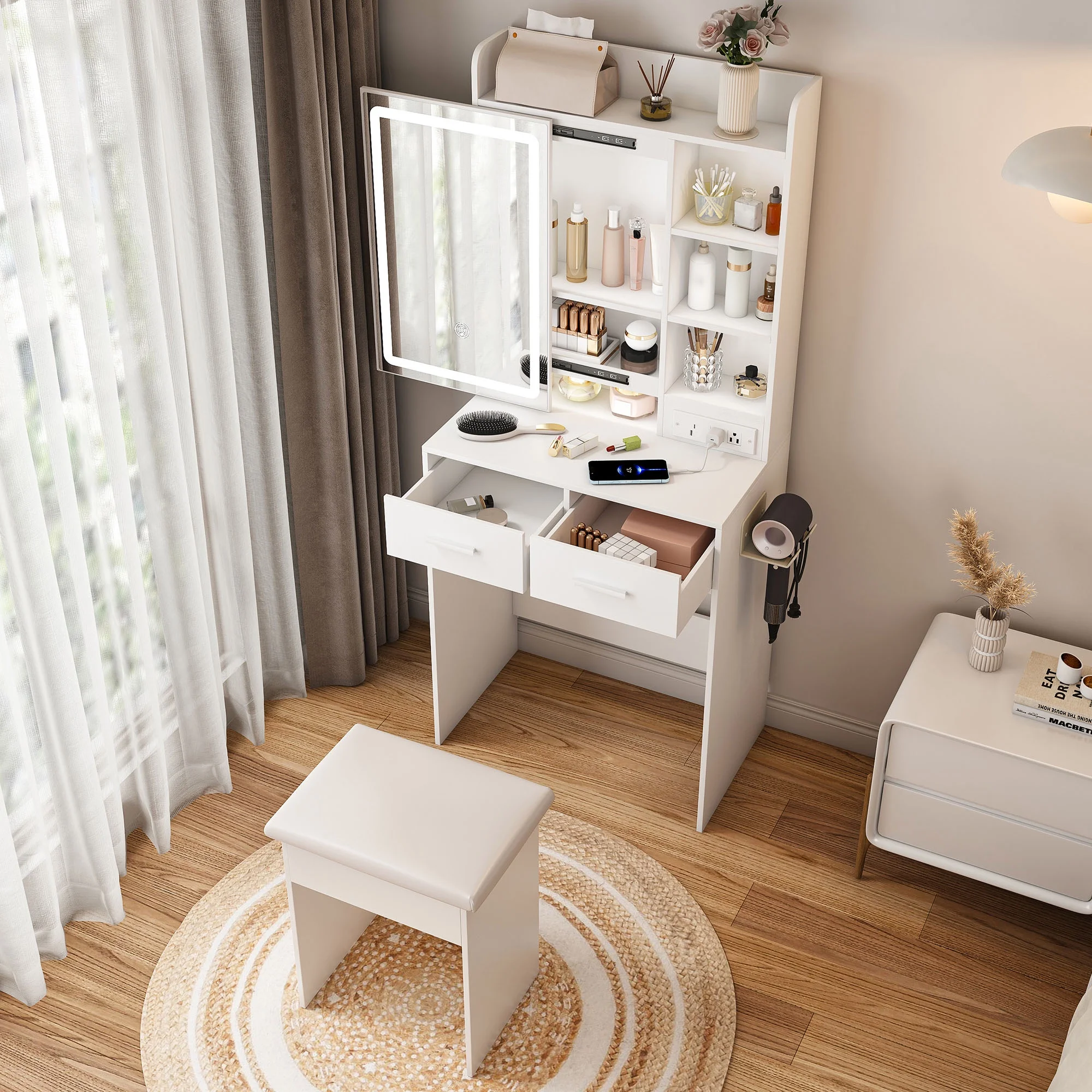 Small White Makeup Vanity Desk with Mirror and Adjustable LED Lights, Built-in Power Outlet and Hidden Storage