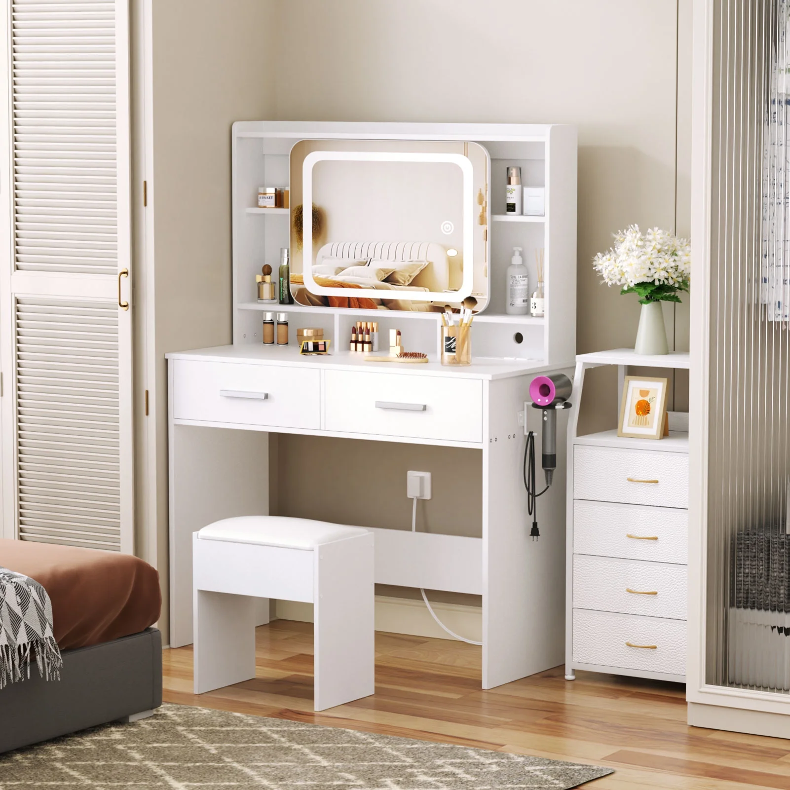Satifur White Vanity Desk Set with Mirror and Lights, Makeup Table with Charging Station, Comfortable Bench, Big Vanity with 3 Storage Compartments, 39.4in