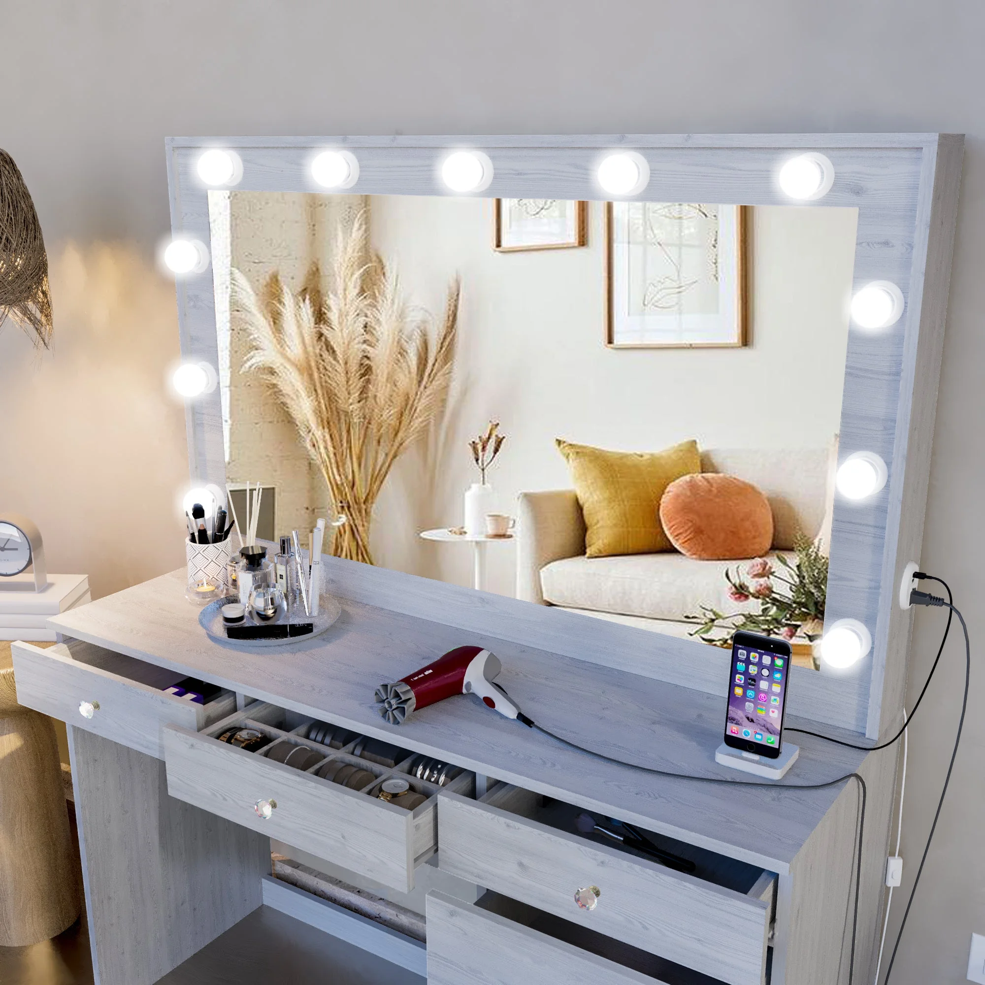 Ember Interiors Peggy Vanity Desk with Lighted Mirror and USB Ports