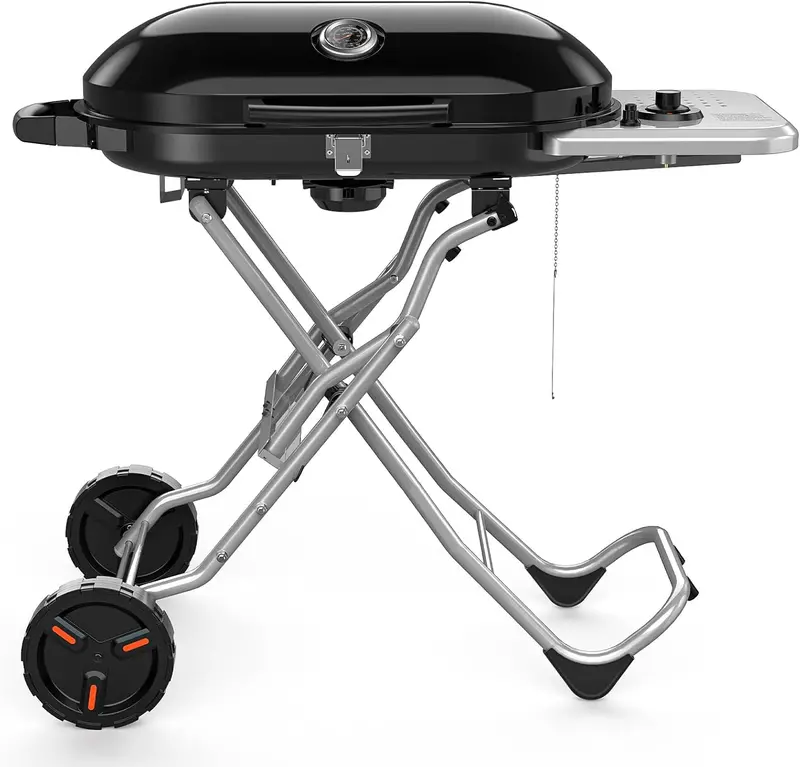 2-Burner Propane Gas Grill – Cast Iron Grate & Skillet Combo. Compact Outdoor Use