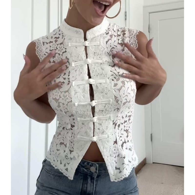 Sheer Lace Tank Top Mock Neck Frog Button Mandarin