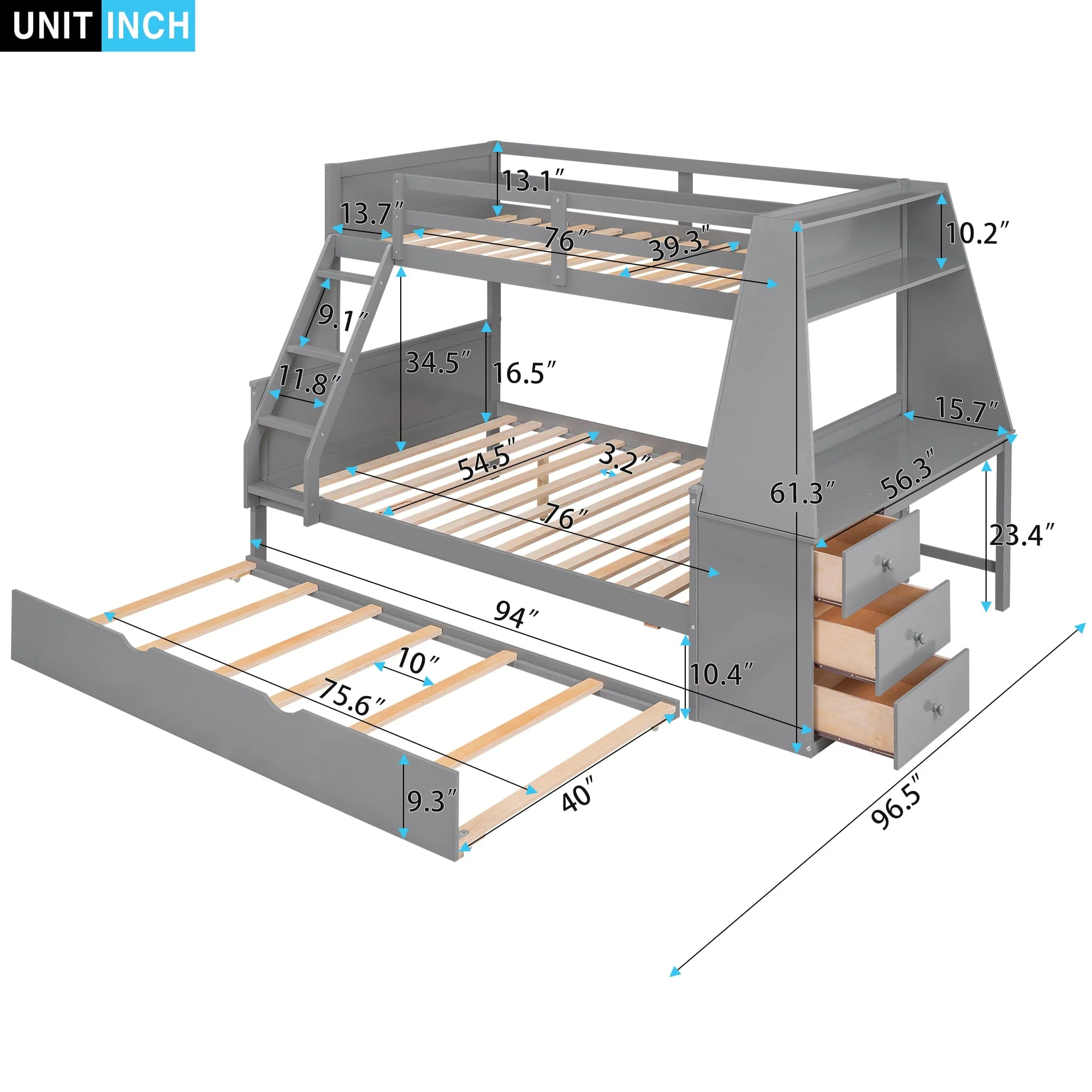 EUROCO Twin over Full Bunk Bed with Trundle, Built-in Desk with Bookcase and 3 Drawers for Kids, Gray
