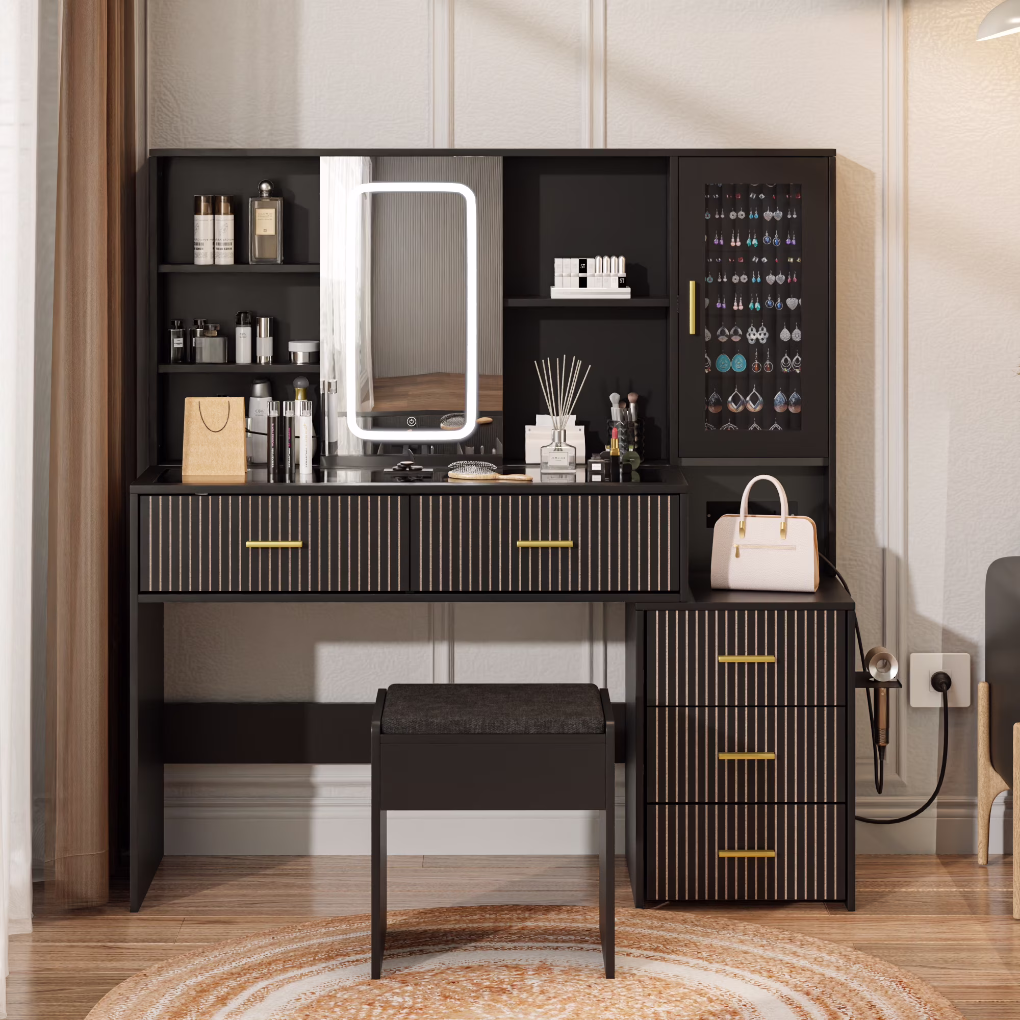 Diubas Large Vanity Desk with Mirror, Makeup Vanity Table with 5 Drawers, LED Lights & Power Outlet
