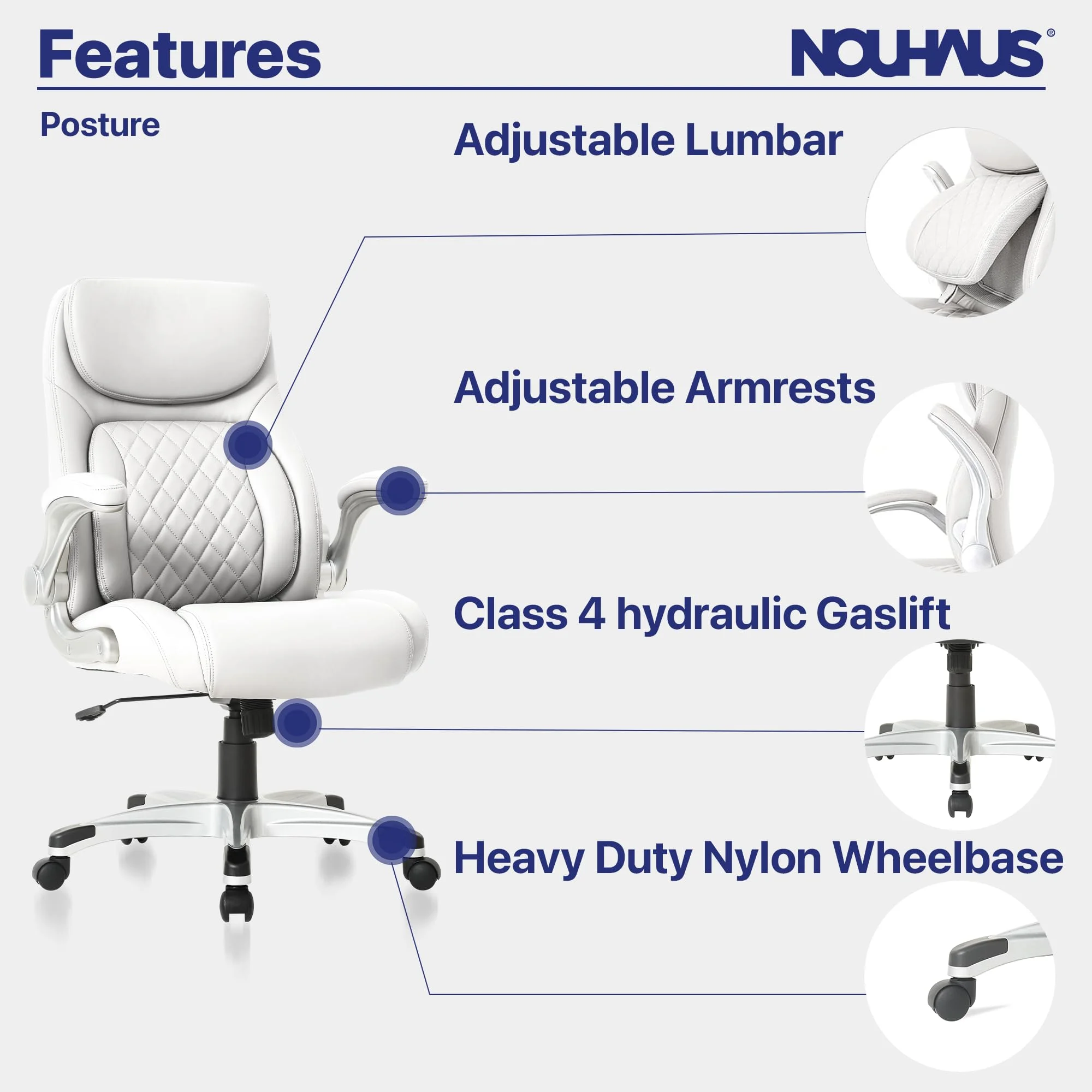 Nouhaus Posture Ergonomic PU Leather Office Chair. Click5 Lumbar Support with FlipAdjust Armrests. Modern Executive Chair and Computer Desk Chair
