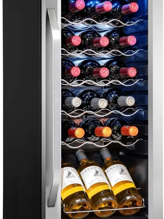 18-Bottle Compressor Wine Cooler – Freestanding Dual-Zone Fridge with Glass Door. Digital Temp Control (41°F–64°F). Locking Feature