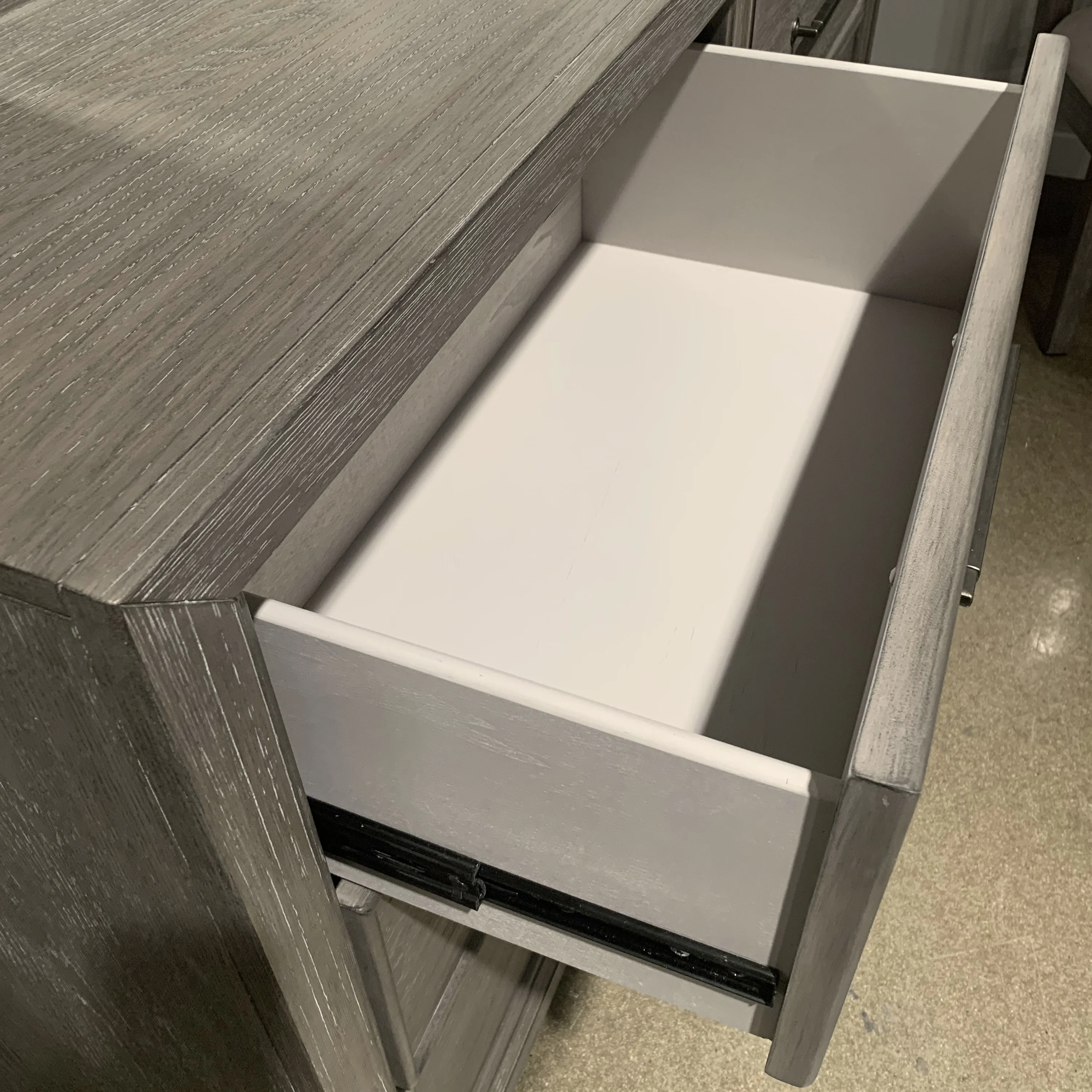 Ennesley Gray Wood Bedroom Set with Upholstered Panel King Bed, Dresser, Mirror, 2 Nightstand, and Chest