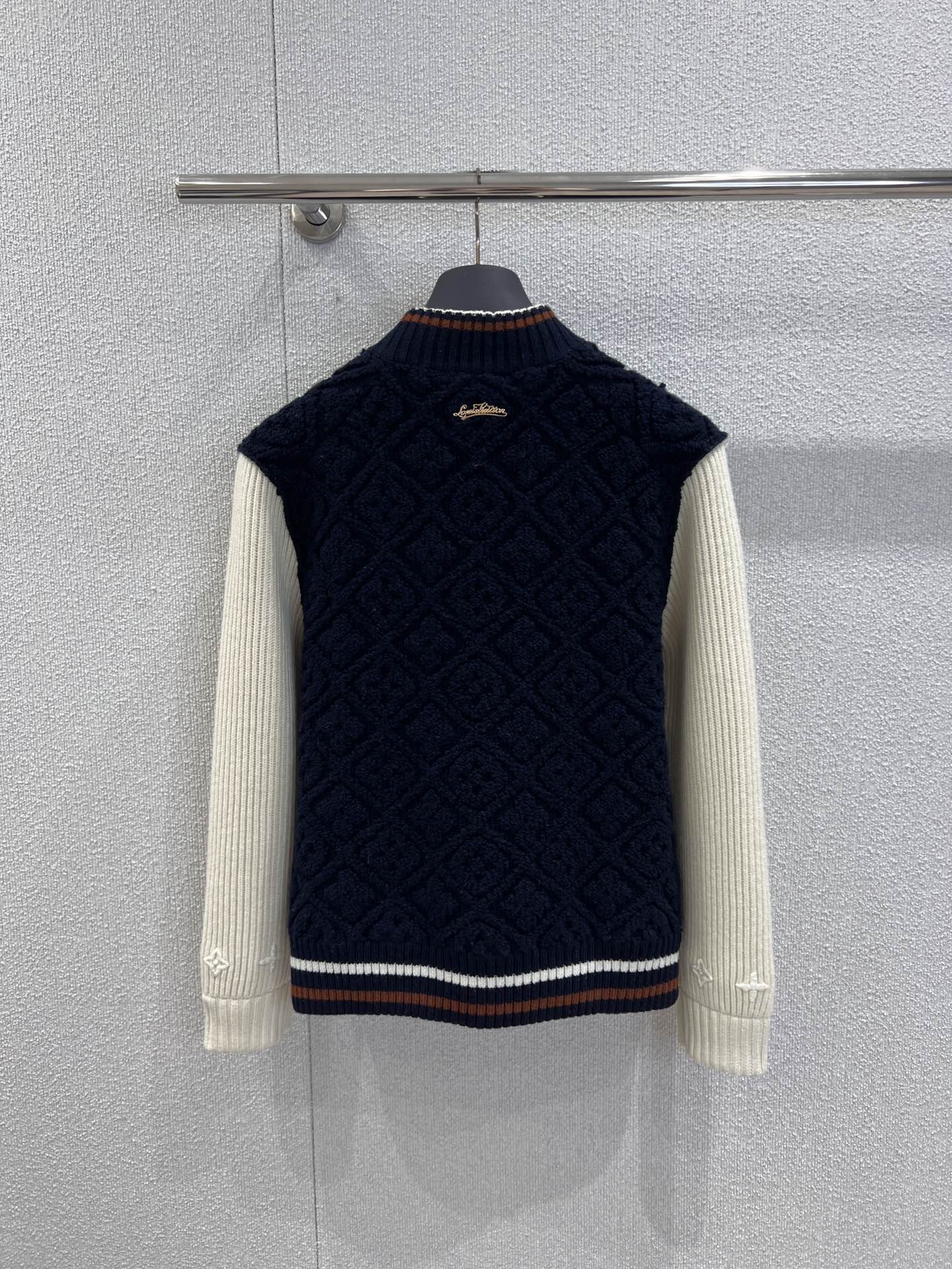 Navy blue monogram striped knit baseball jacket