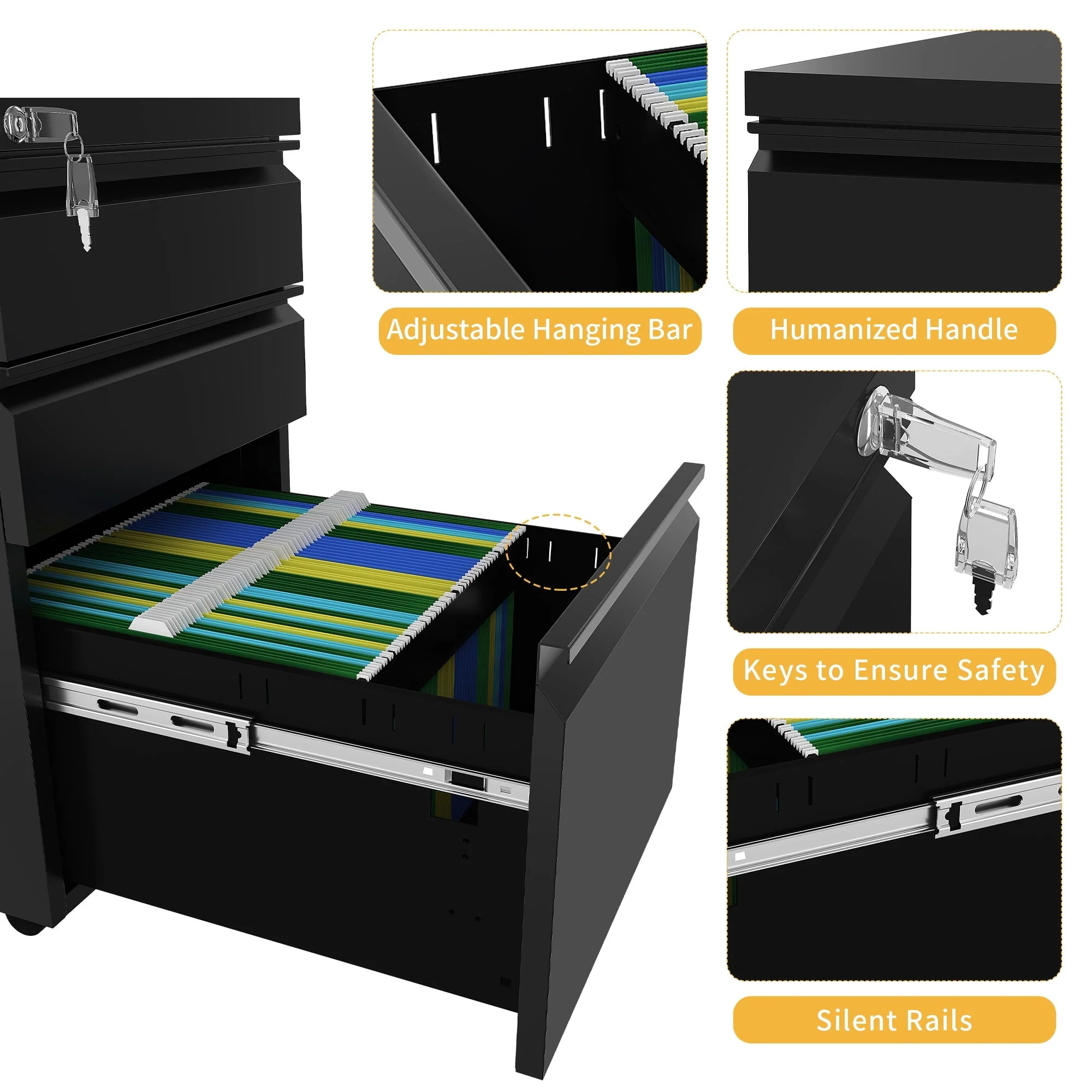 DWVO 3-Drawer Vertical File Cabinet Storage Mobile Office Metal with Key，Black