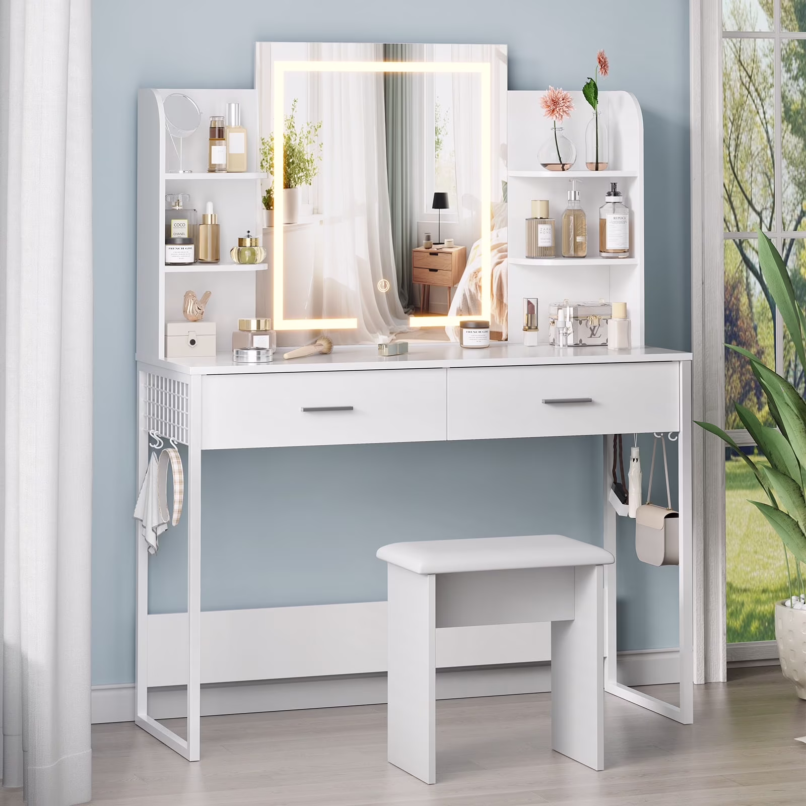 Vanity Desk with Chair, White Makeup Desk Set with Mirror & LED Lights, Vanity Table with Power Strip, 2 Drawers, 4 Shelves