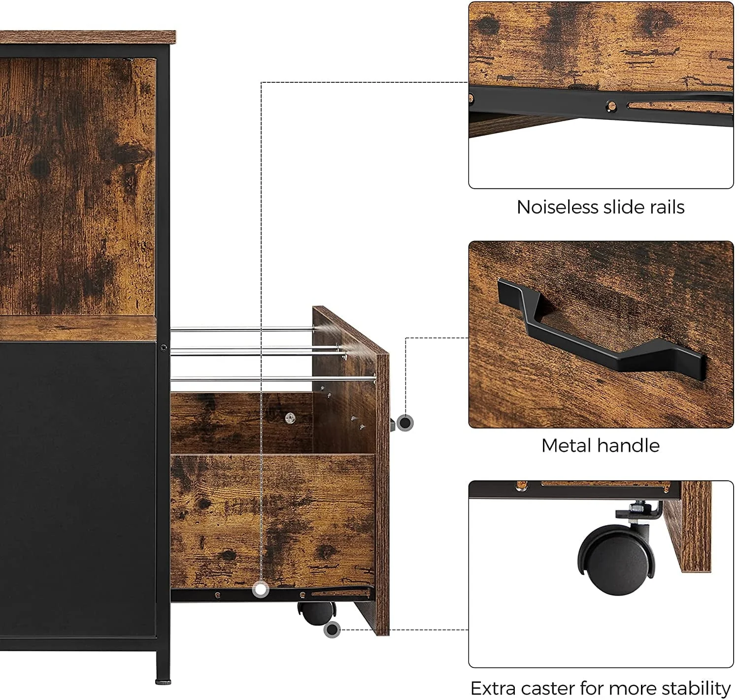 VASAGLE Lateral File Cabinet for Home Office, Filing Cabinet with Open Shelves and Drawer, Rustic Brown and Black