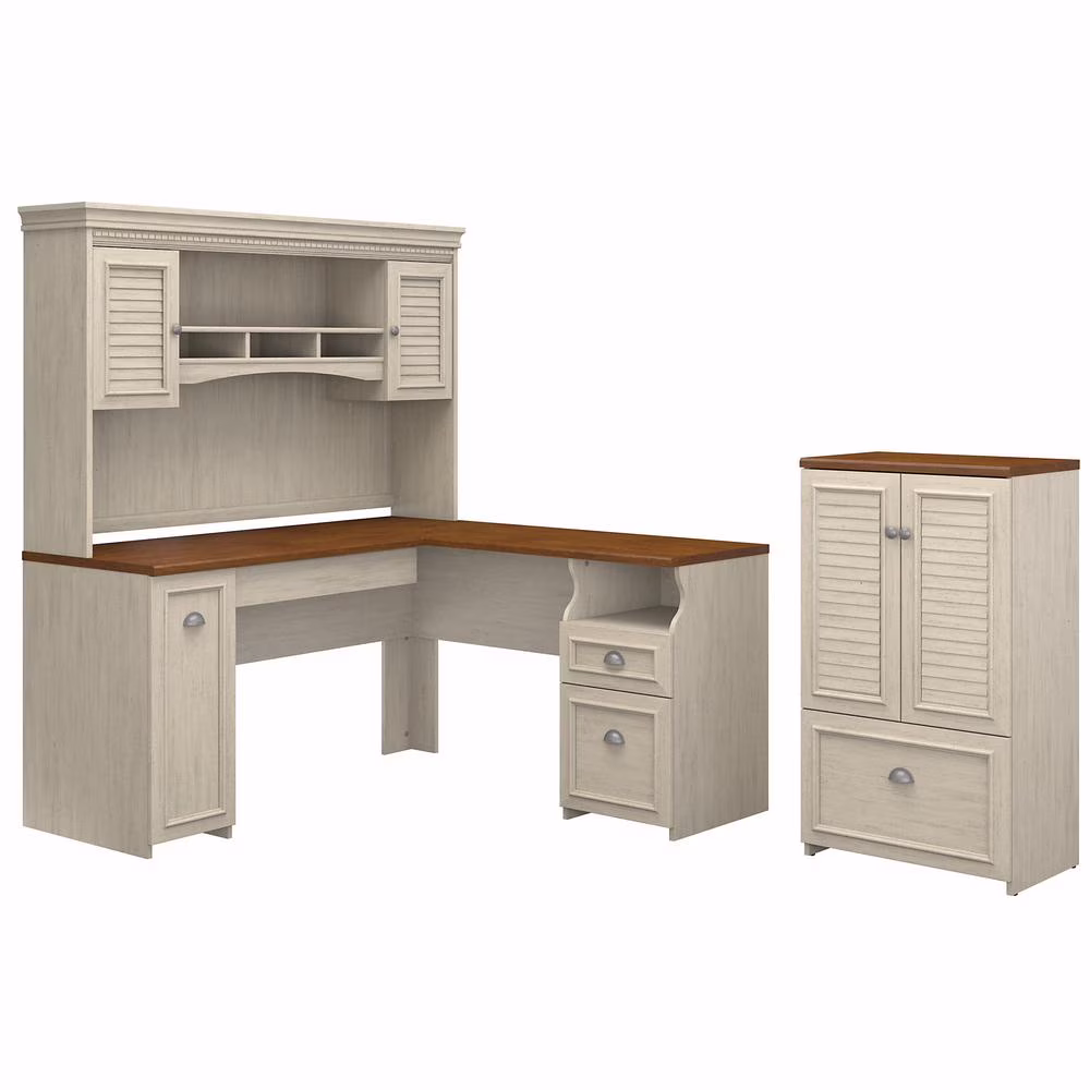Fairview L Desk with Hutch and Storage Cabinet in White/Gray - Engineered Wood