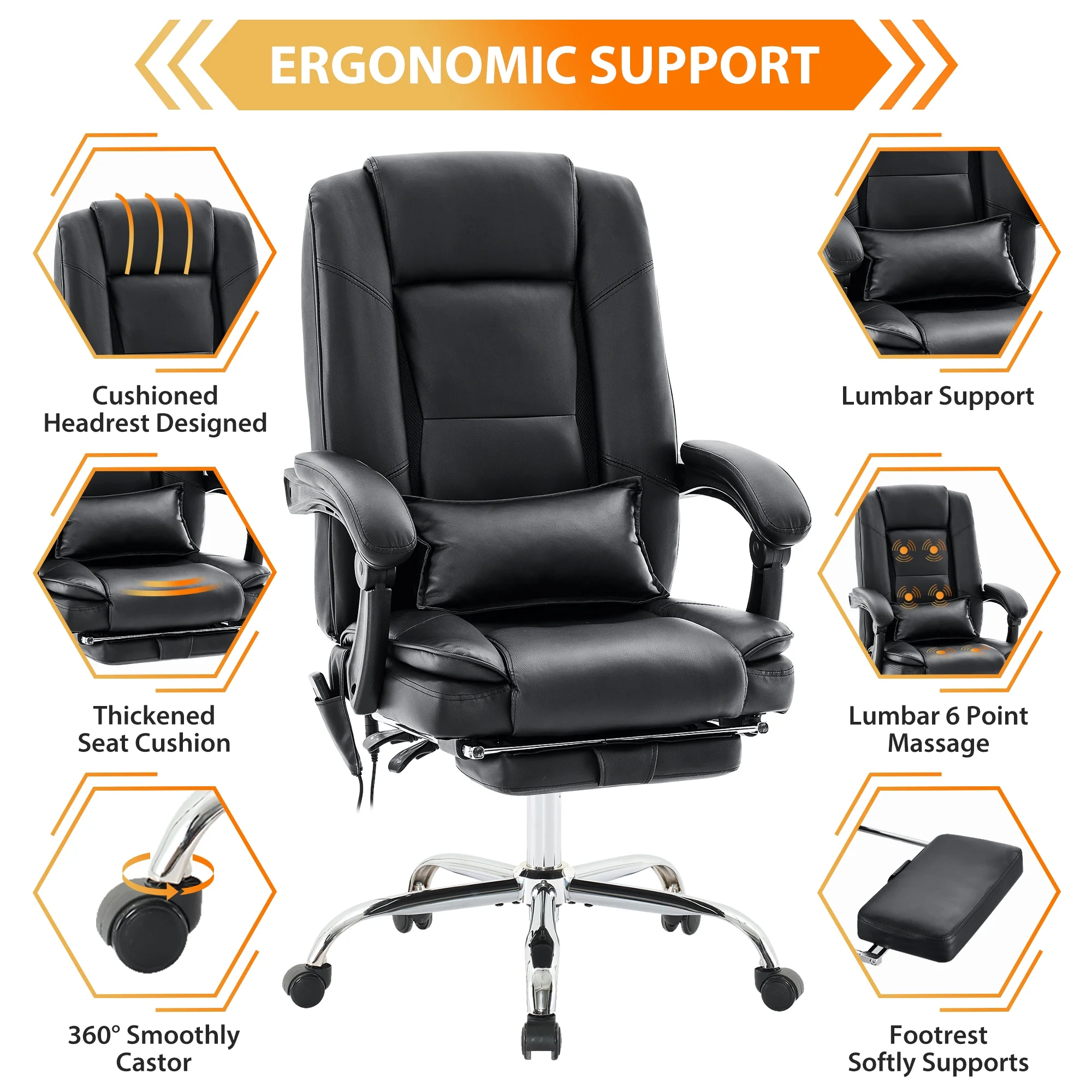 JONPONY Big and Tall Office Chair 500LBS Executive Office Chair Massage and Footrest Ergonomic Computer Desk Chair Reclining High Back Leather Office Chair Lumbar Back Support Swivel Rolling,Black