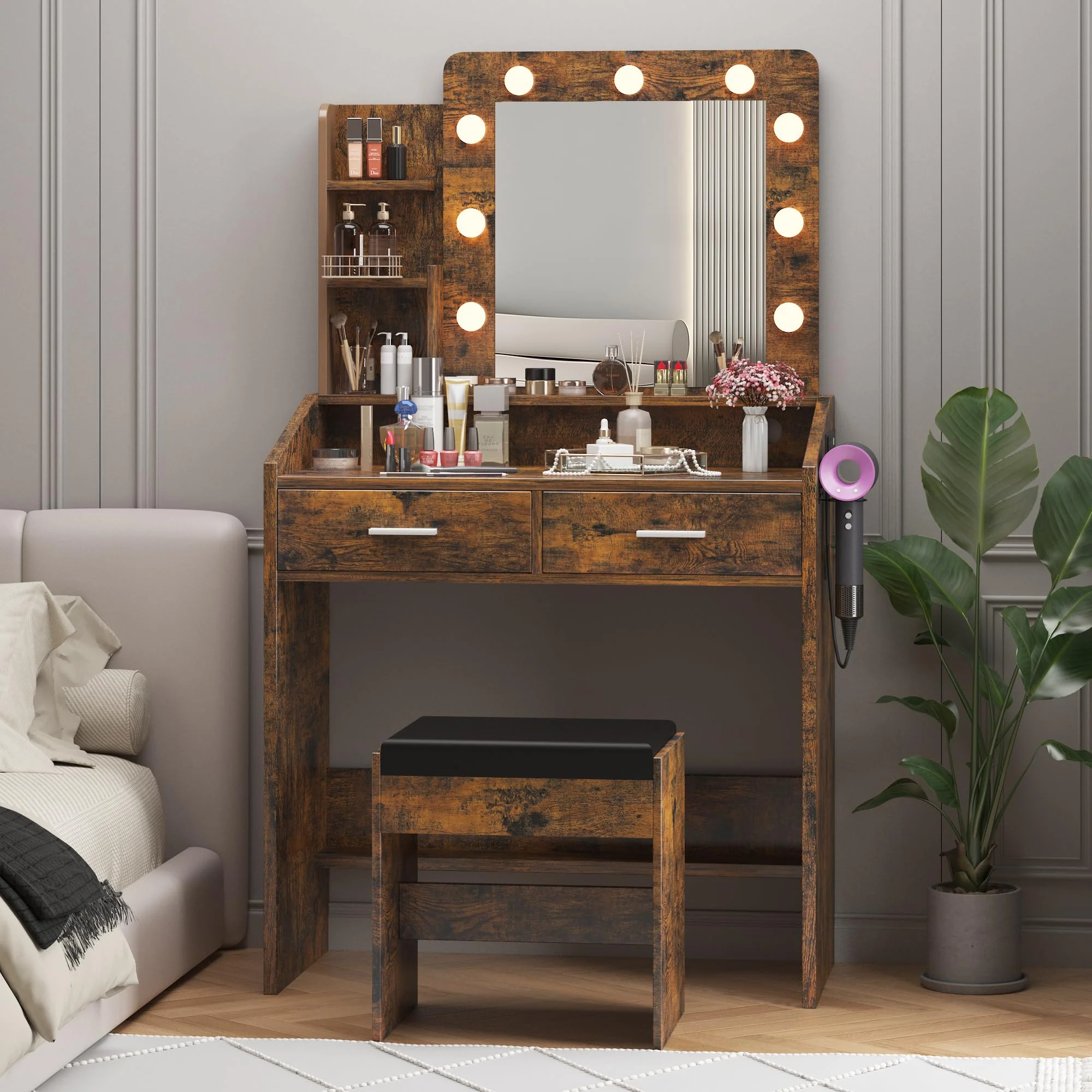 Yeshouse Vanity Desk with Mirror and Lights, White Makeup Vanity with 2 Drawers, 3 Light Mode and Brightness Adjusted, Makeup Table for Bedroom, Desk and Chair